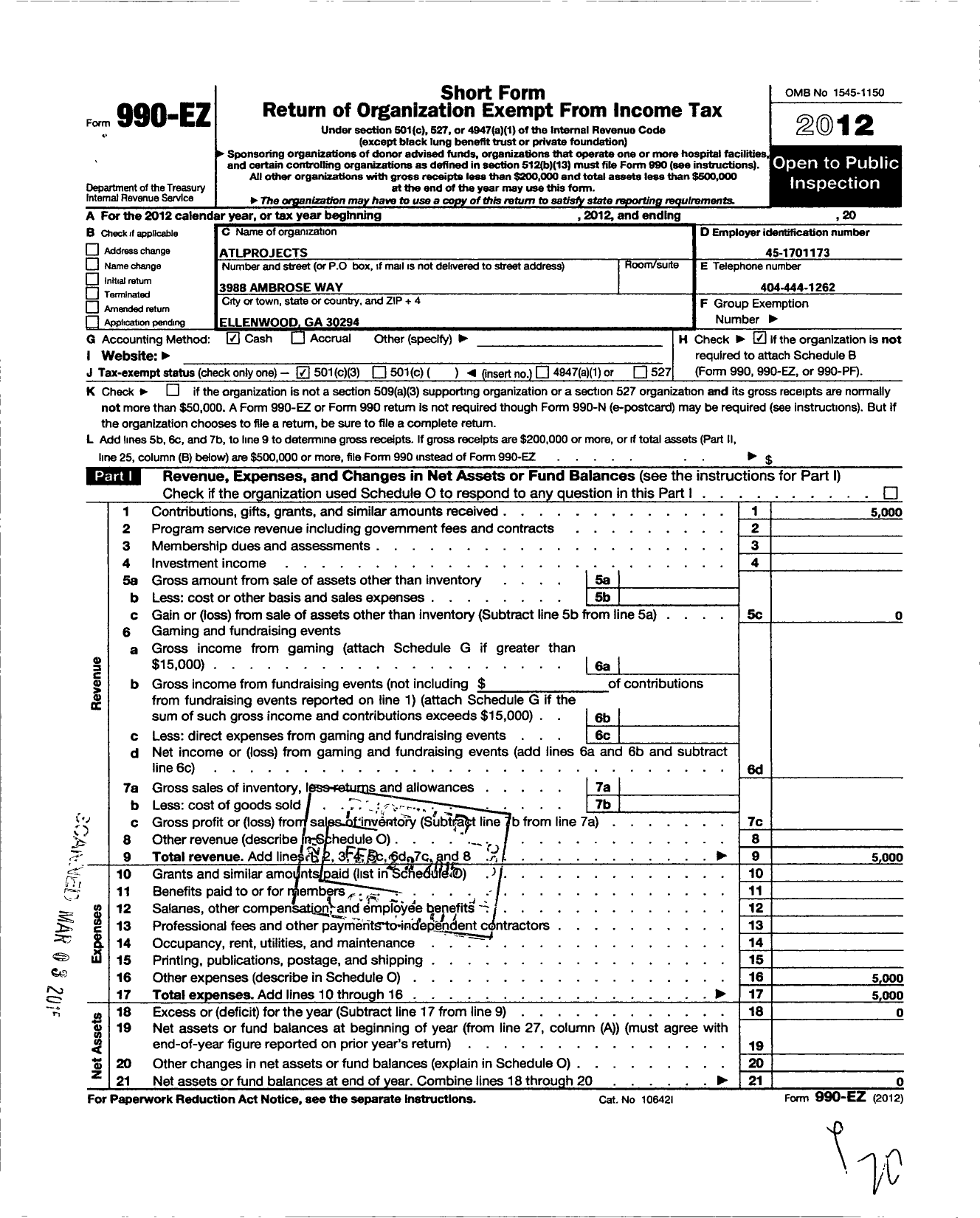 Image of first page of 2012 Form 990EZ for Atlprojects