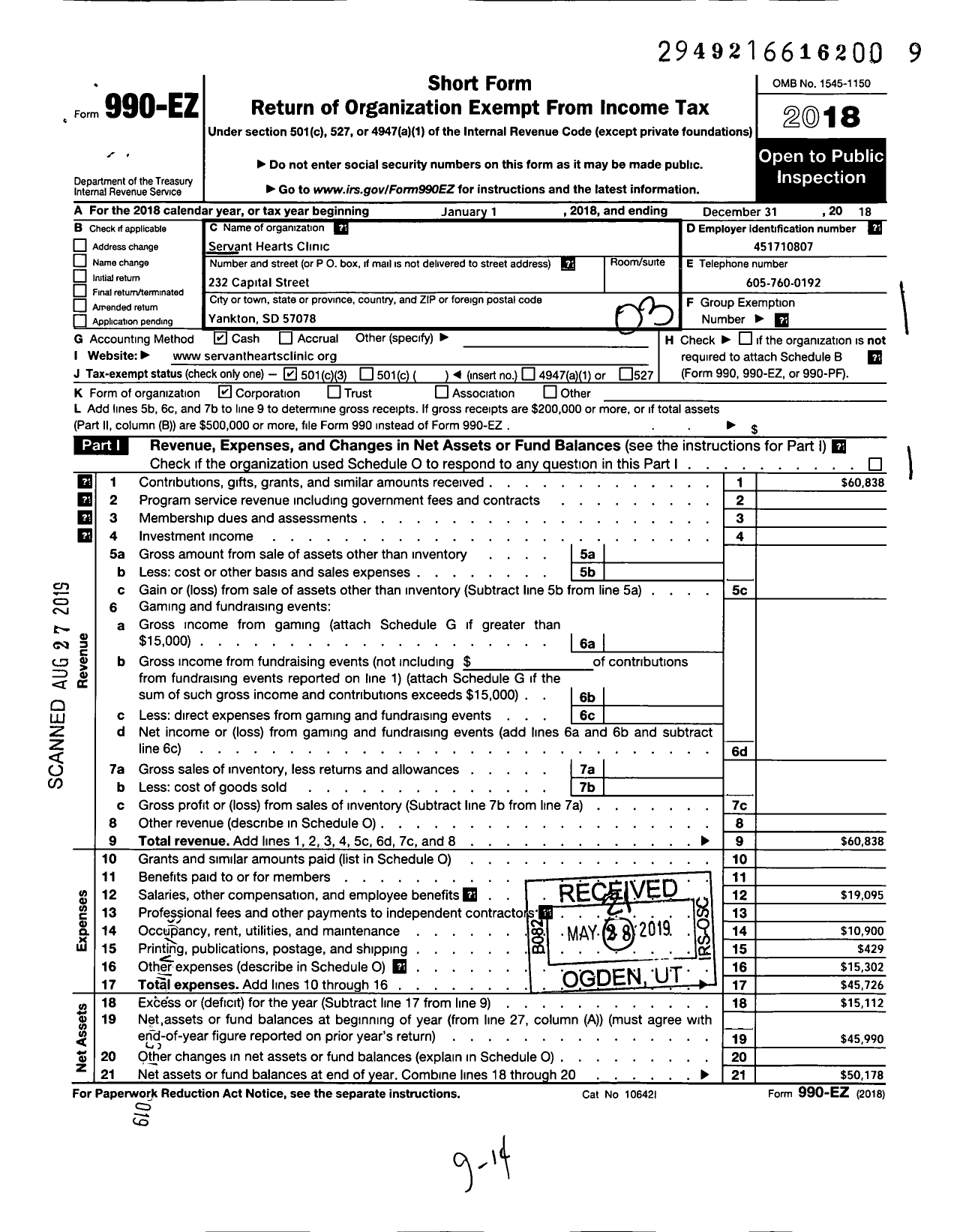 Image of first page of 2018 Form 990EZ for Servant Hearts Clinic