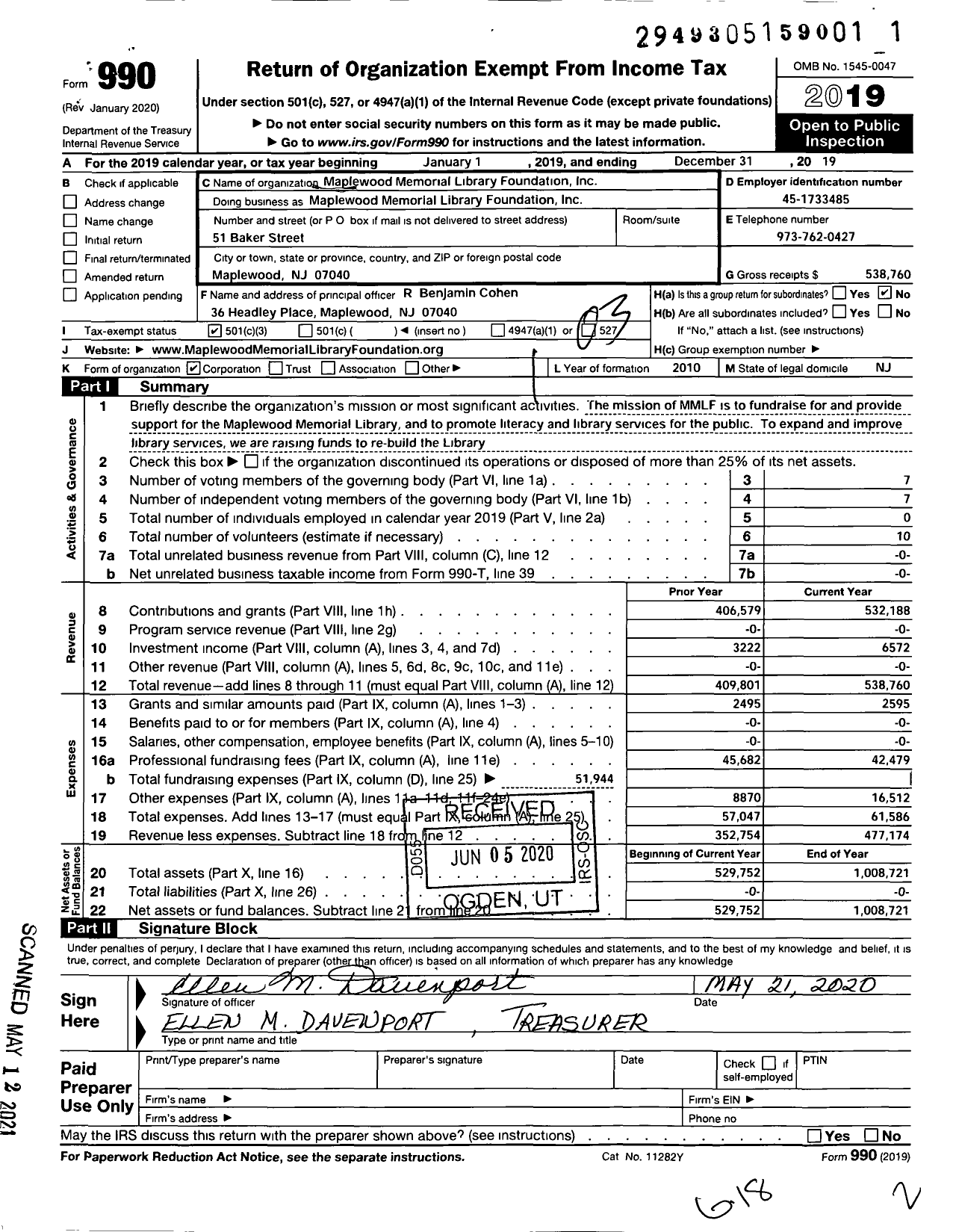 Image of first page of 2019 Form 990 for Maplewood Memorial Library Foundation