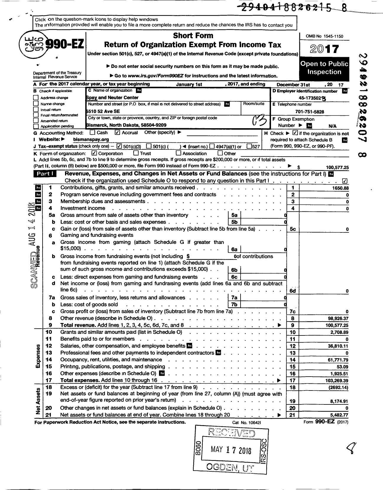 Image of first page of 2017 Form 990EZ for Spay and Neuter Center