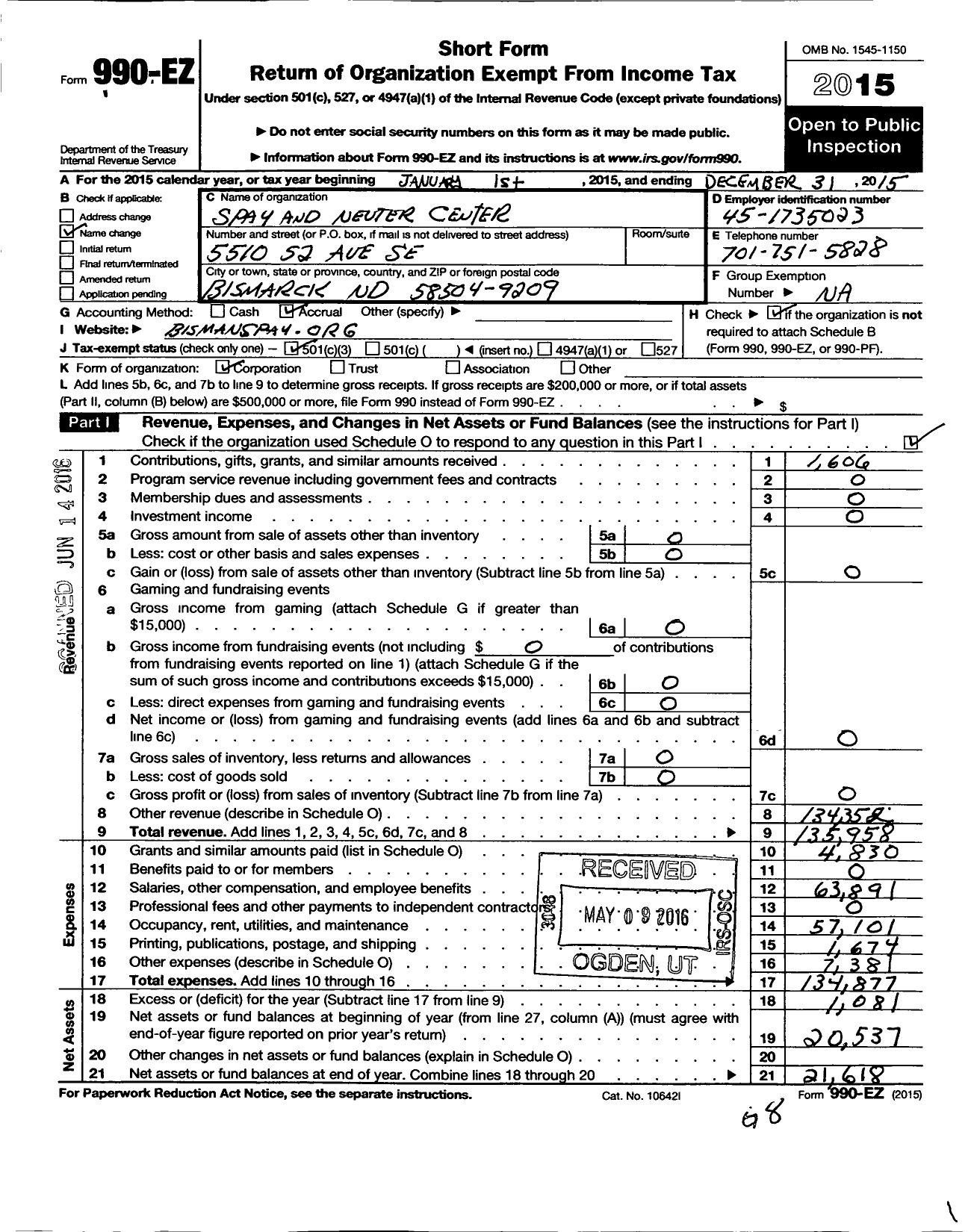 Image of first page of 2015 Form 990EZ for Spay and Neuter Center