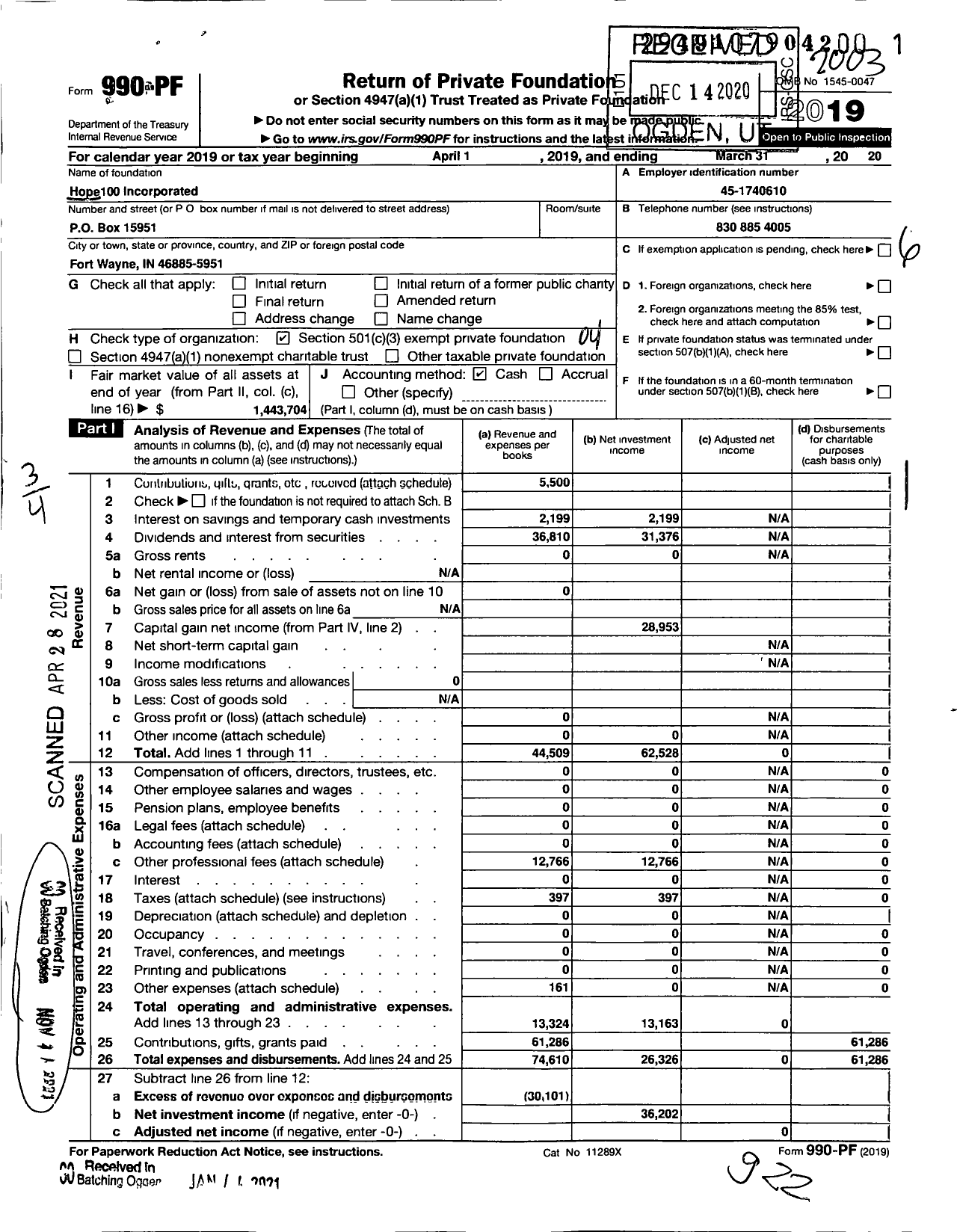 Image of first page of 2019 Form 990PF for Hope100 Incorporated