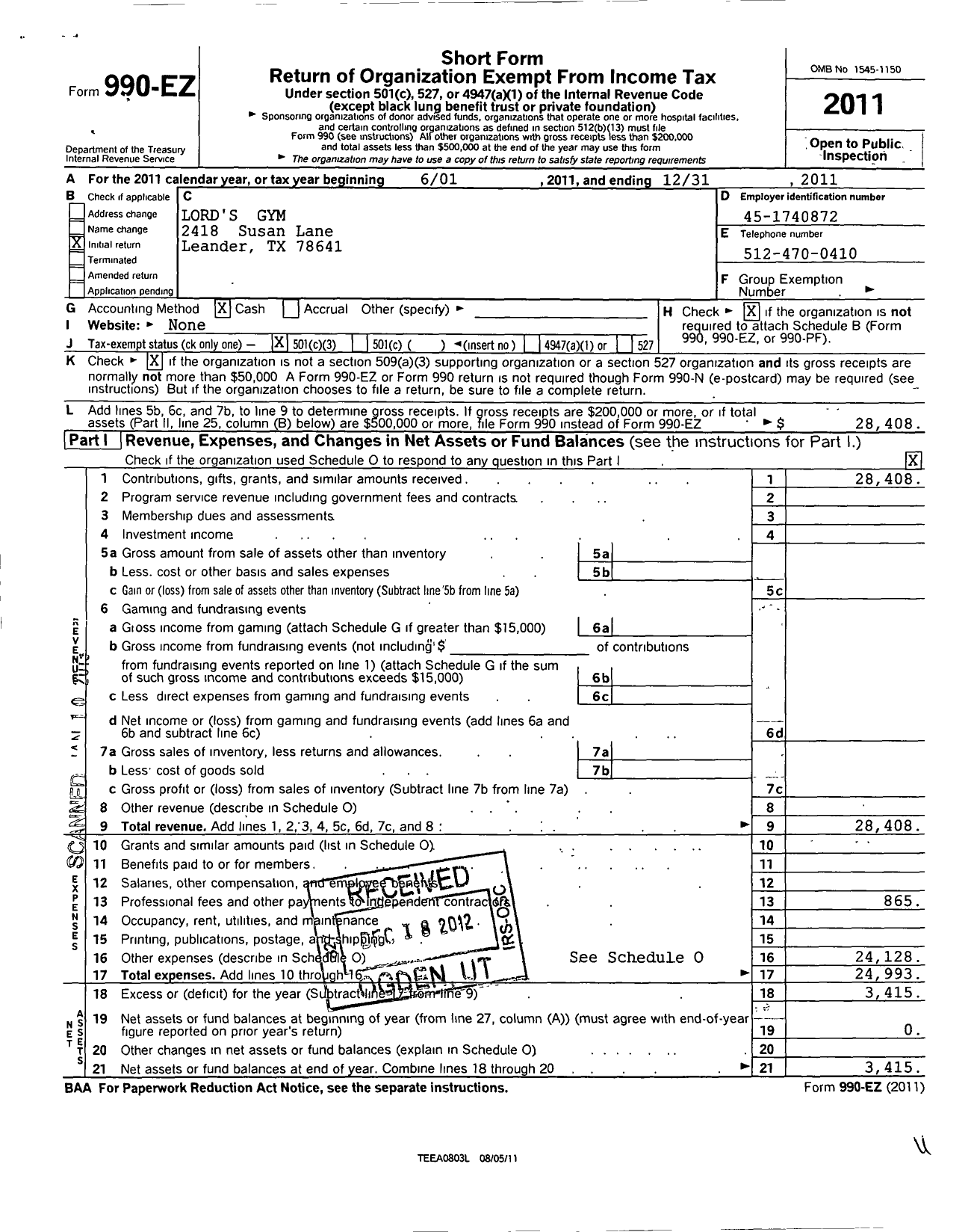 Image of first page of 2011 Form 990EZ for Lords Gym