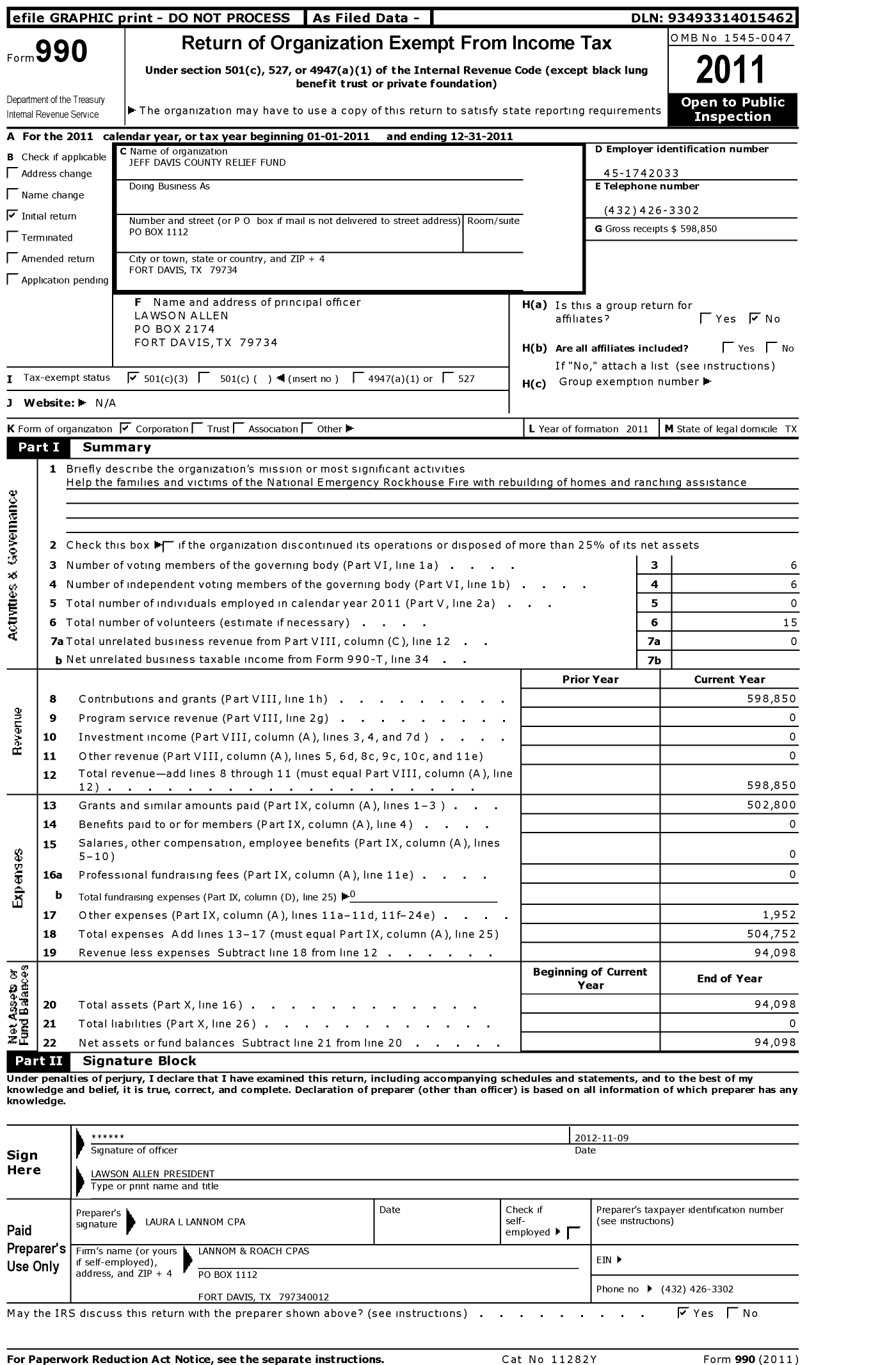 Image of first page of 2011 Form 990 for Jeff Davis County Relief Fund