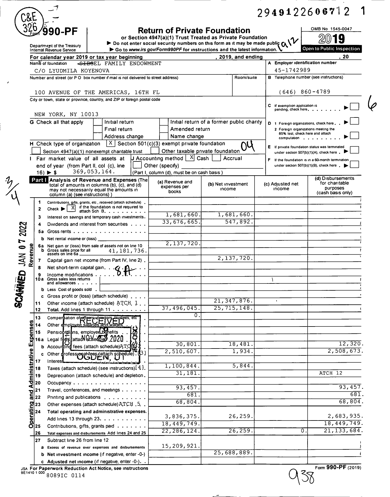 Image of first page of 2019 Form 990PF for Siegel Family Endowment (SFE)