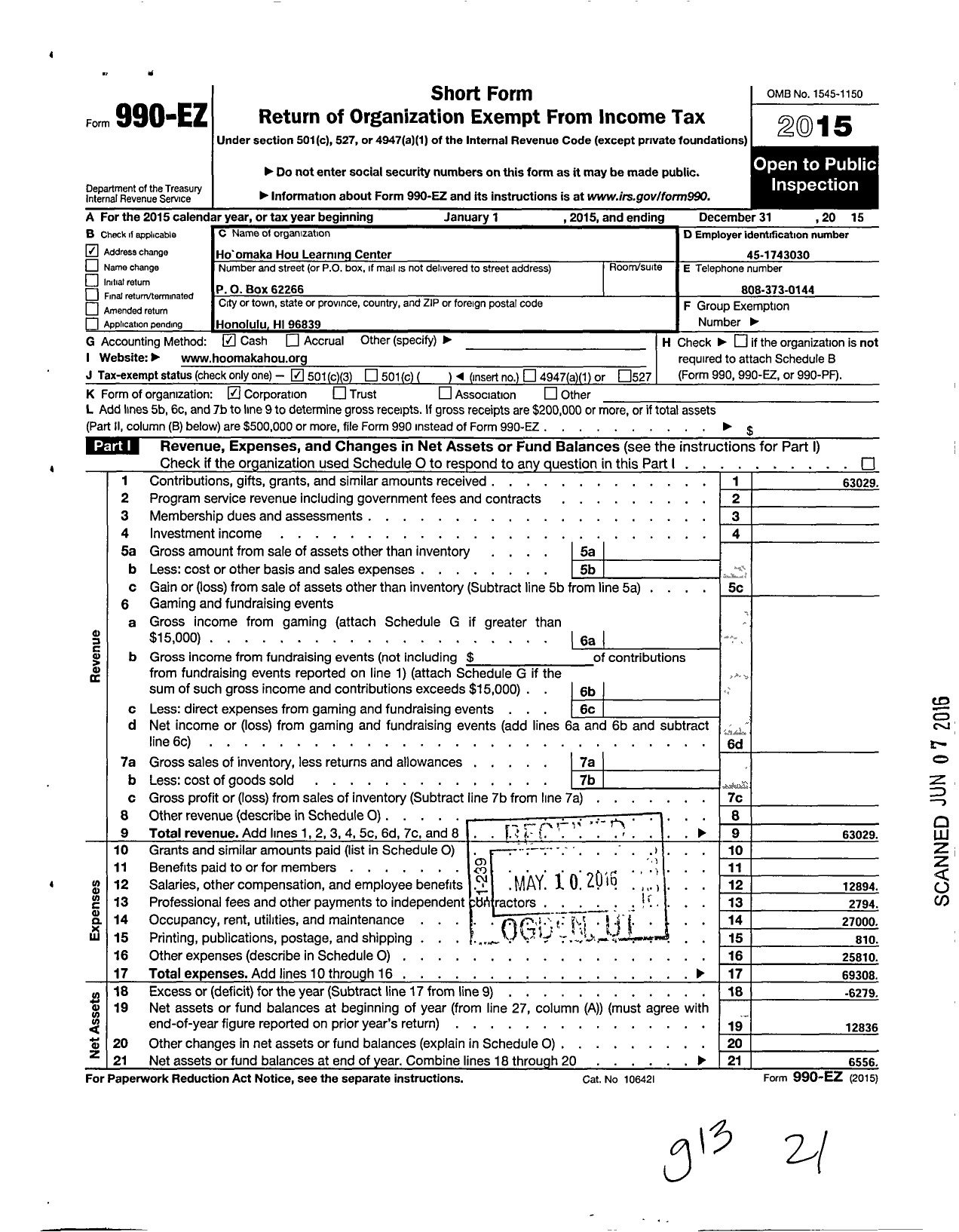 Image of first page of 2015 Form 990EZ for Hoomaka Hou Learning Center