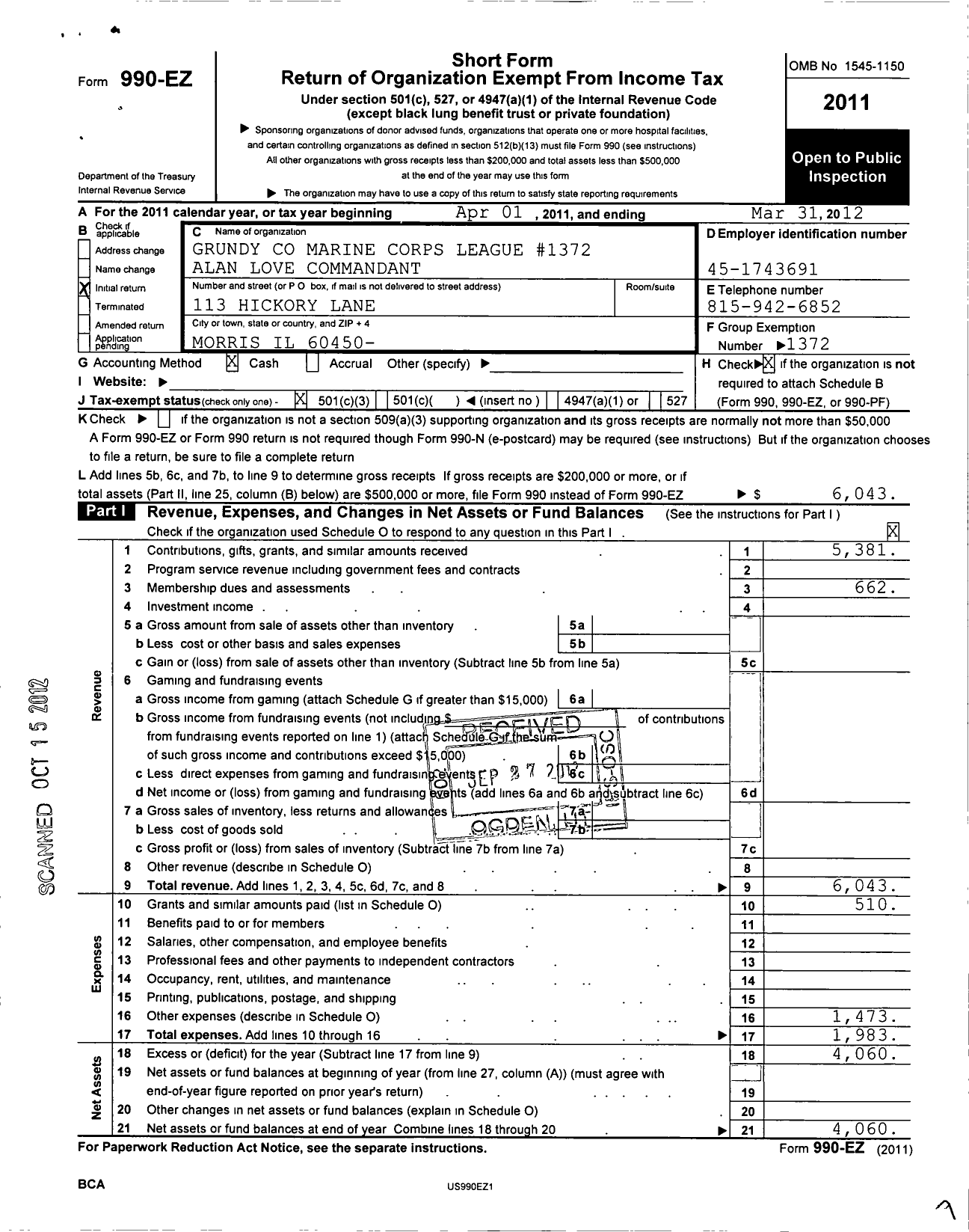 Image of first page of 2011 Form 990EZ for Marine Corps League - 1372 Grundy County Det MCL