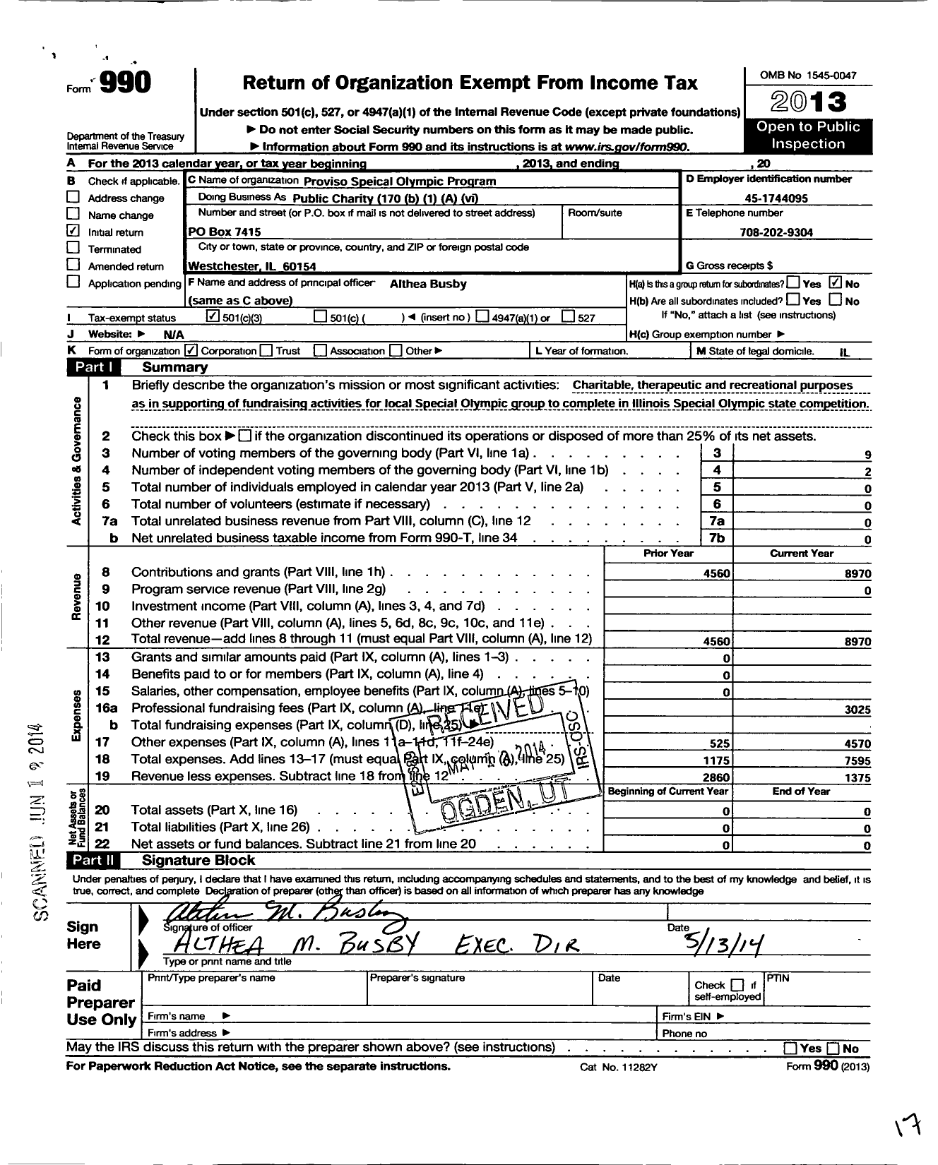 Image of first page of 2013 Form 990 for Proviso Special Olympic Program