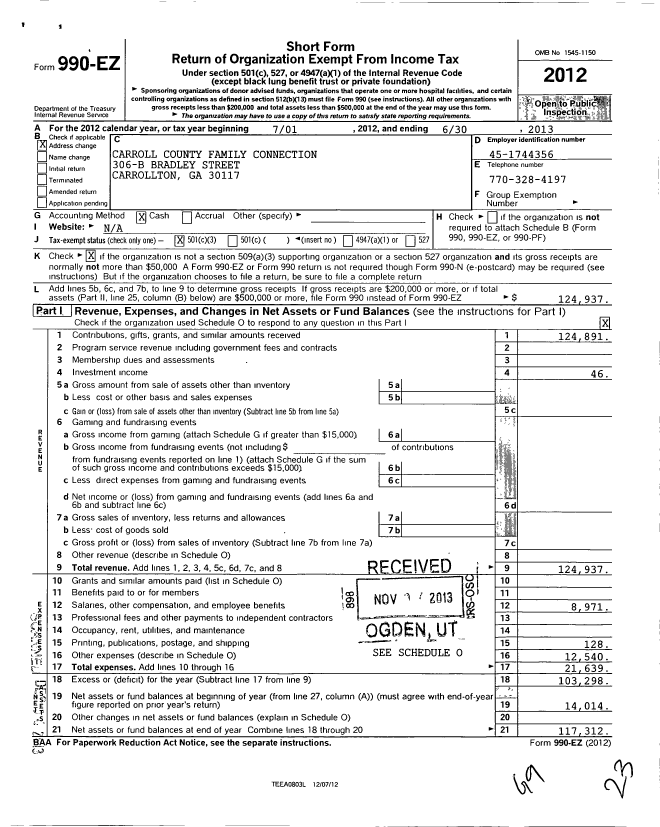 Image of first page of 2012 Form 990EZ for Carroll County Family Connection