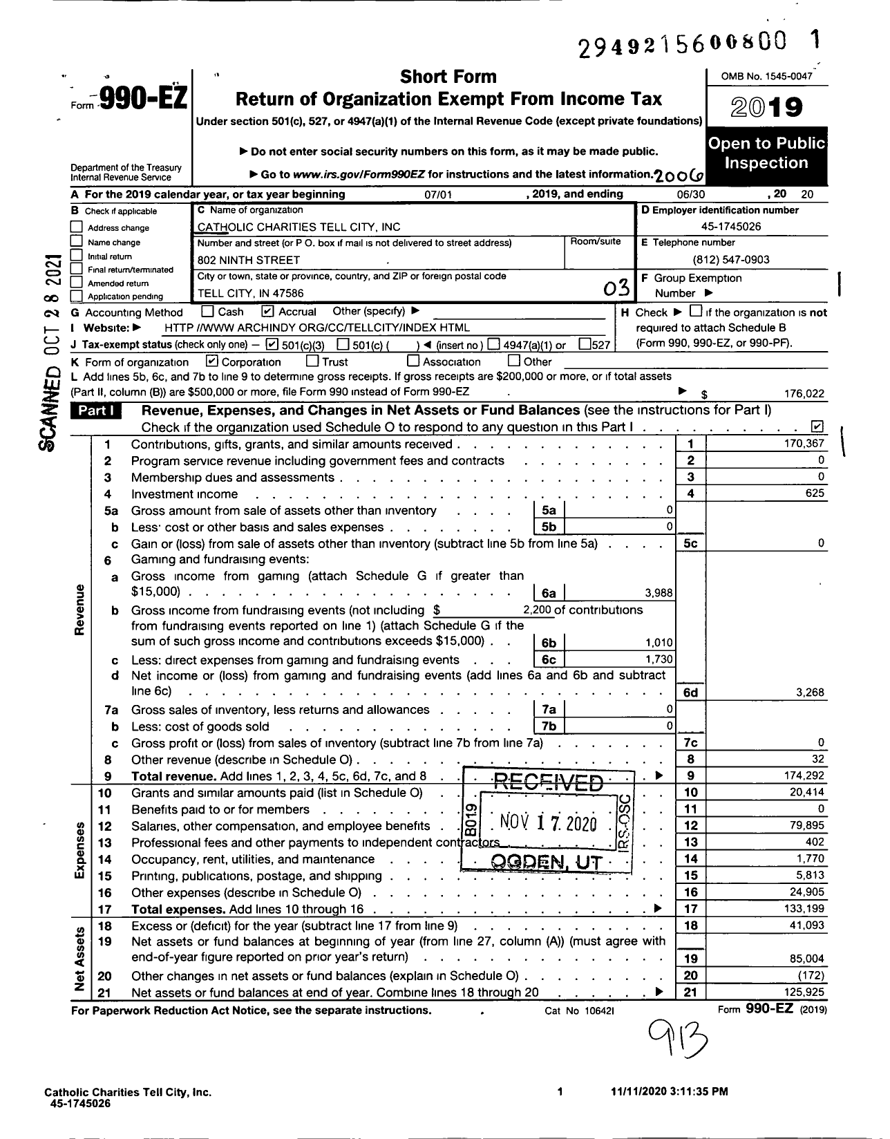 Image of first page of 2019 Form 990EZ for Catholic Charities Tell City