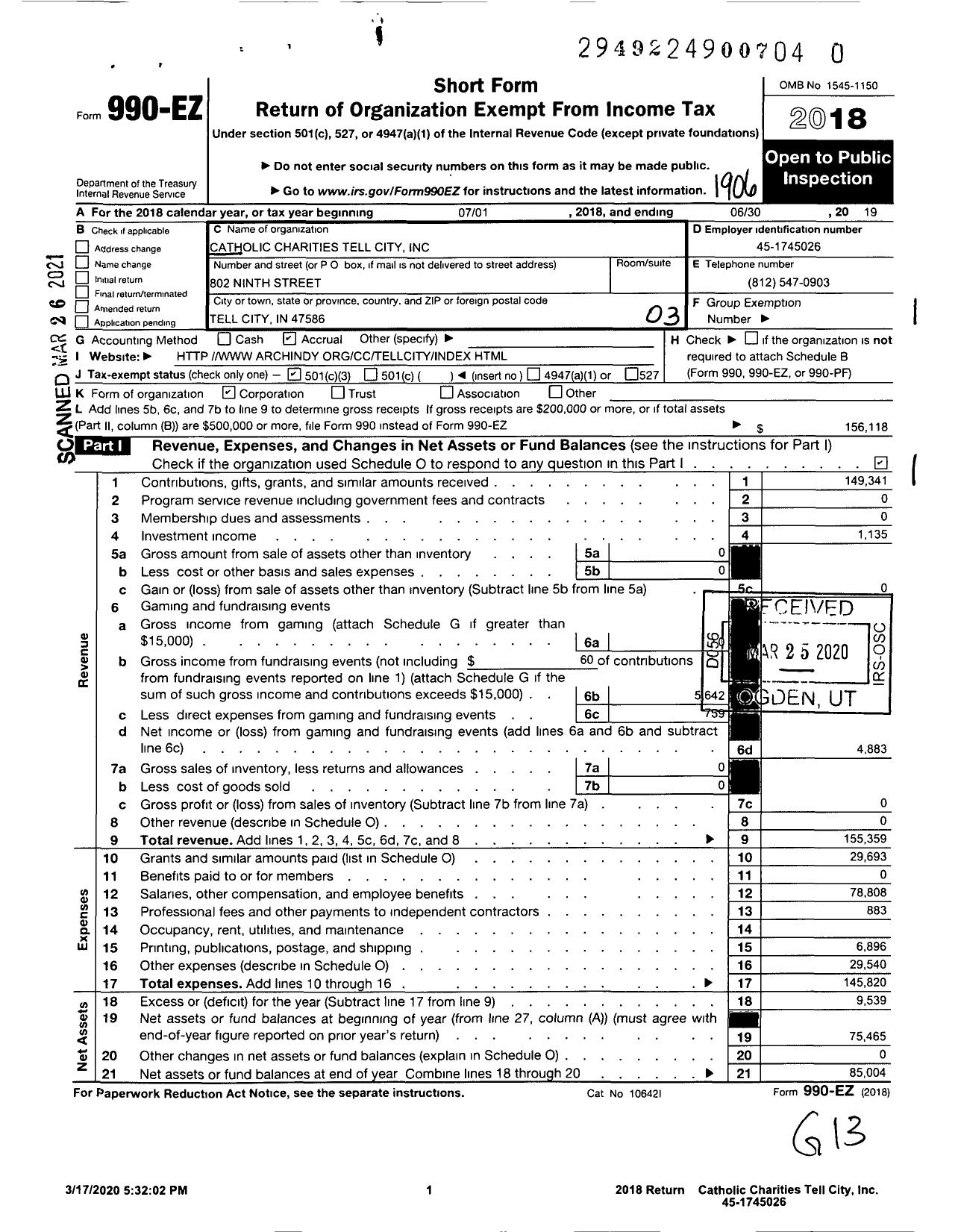 Image of first page of 2018 Form 990EZ for Catholic Charities Tell City