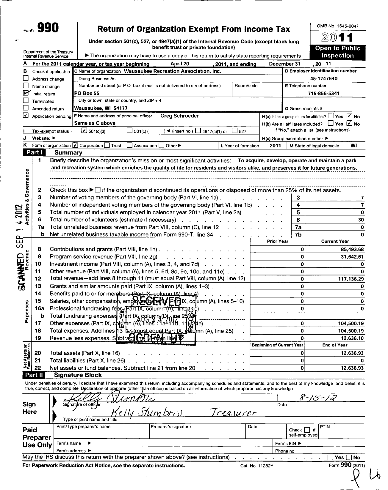 Image of first page of 2011 Form 990 for Wausaukee Recreation Association