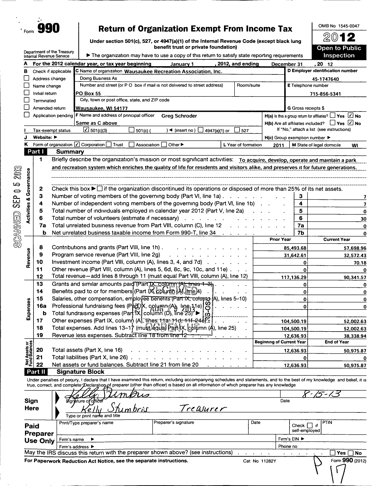 Image of first page of 2012 Form 990 for Wausaukee Recreation Association