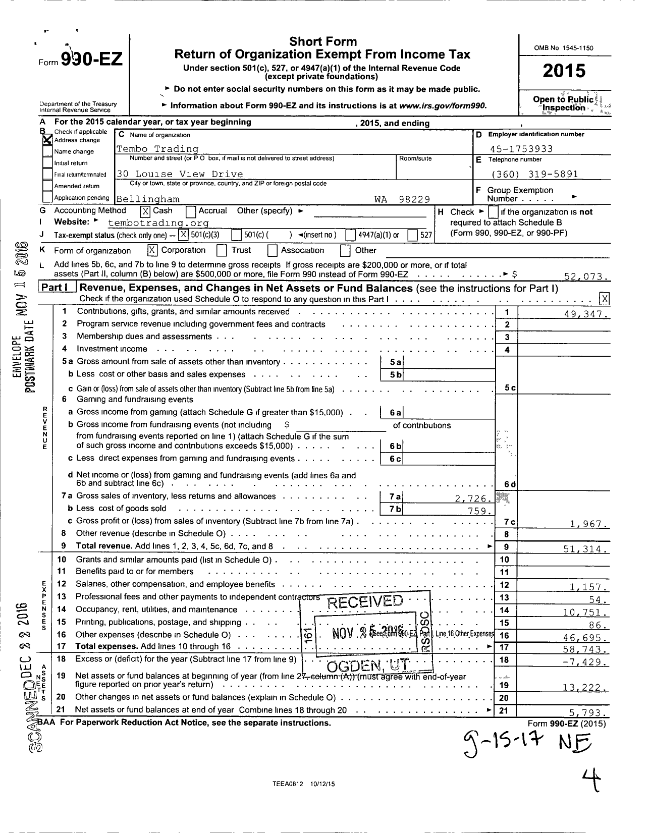 Image of first page of 2015 Form 990EZ for Tembo Trading