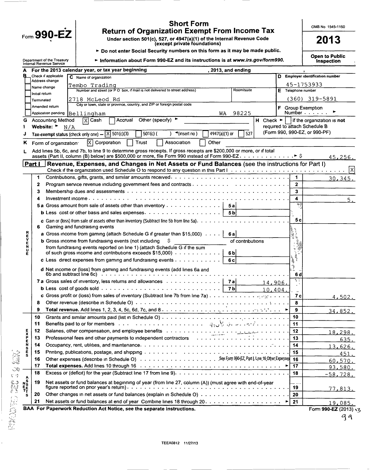 Image of first page of 2013 Form 990EZ for Tembo Trading