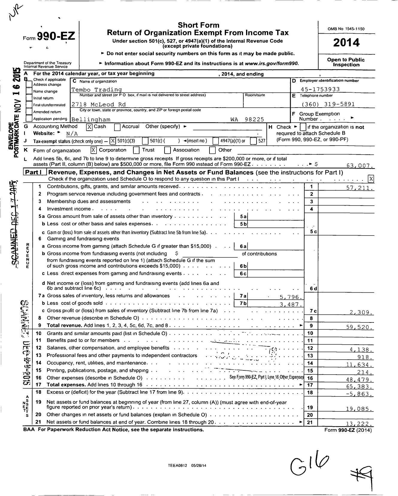 Image of first page of 2014 Form 990EZ for Tembo Trading