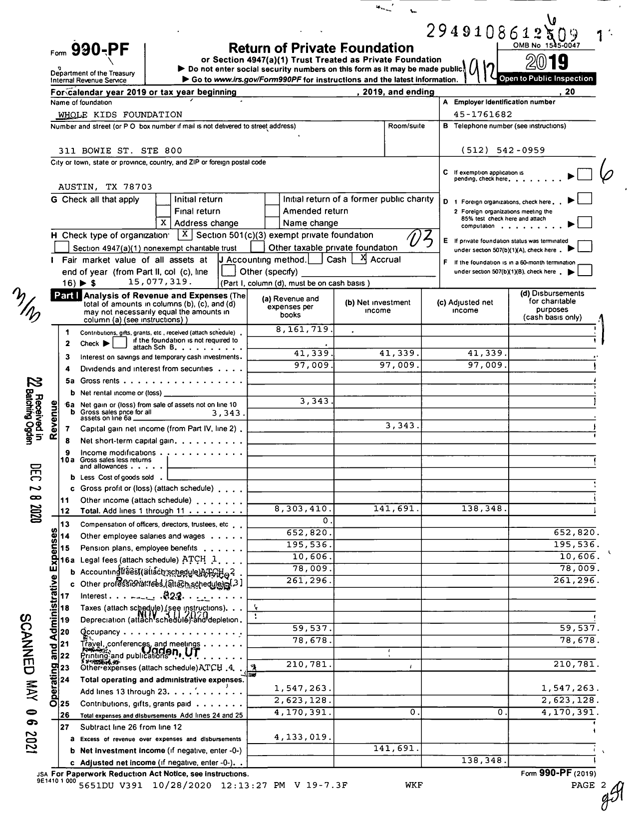 Image of first page of 2019 Form 990PF for Whole Kids Foundation