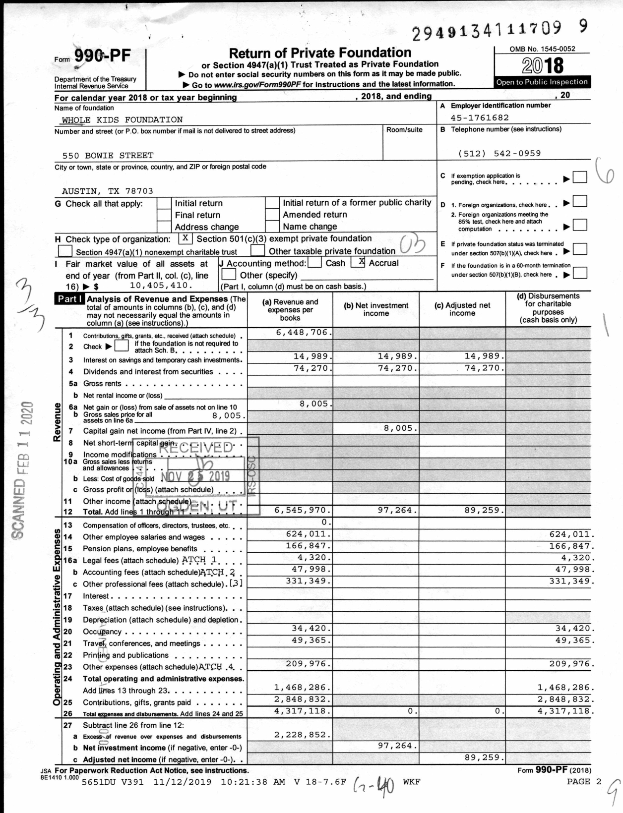 Image of first page of 2018 Form 990PF for Whole Kids Foundation