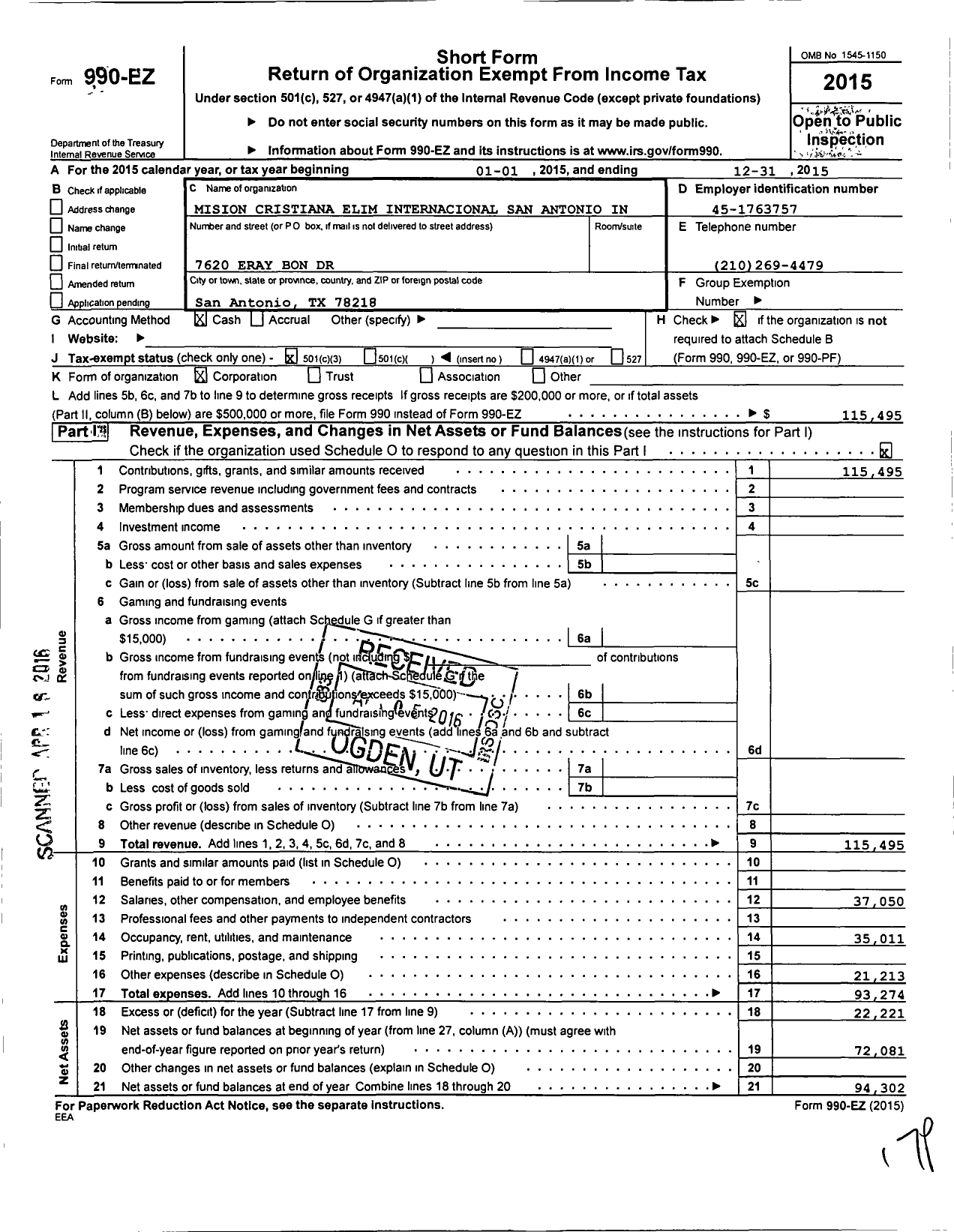 Image of first page of 2015 Form 990EZ for Mision Cristiana Elim Internacional San Antonio I