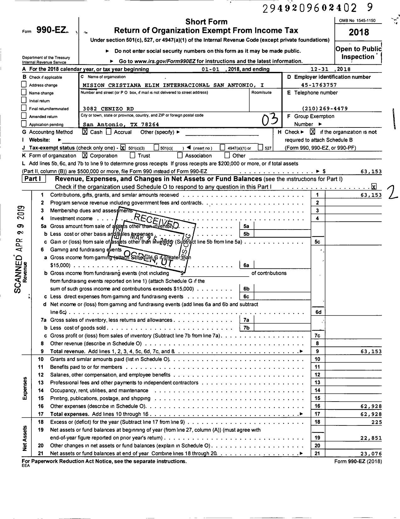 Image of first page of 2018 Form 990EZ for Mision Cristiana Elim Internacional San Antonio I