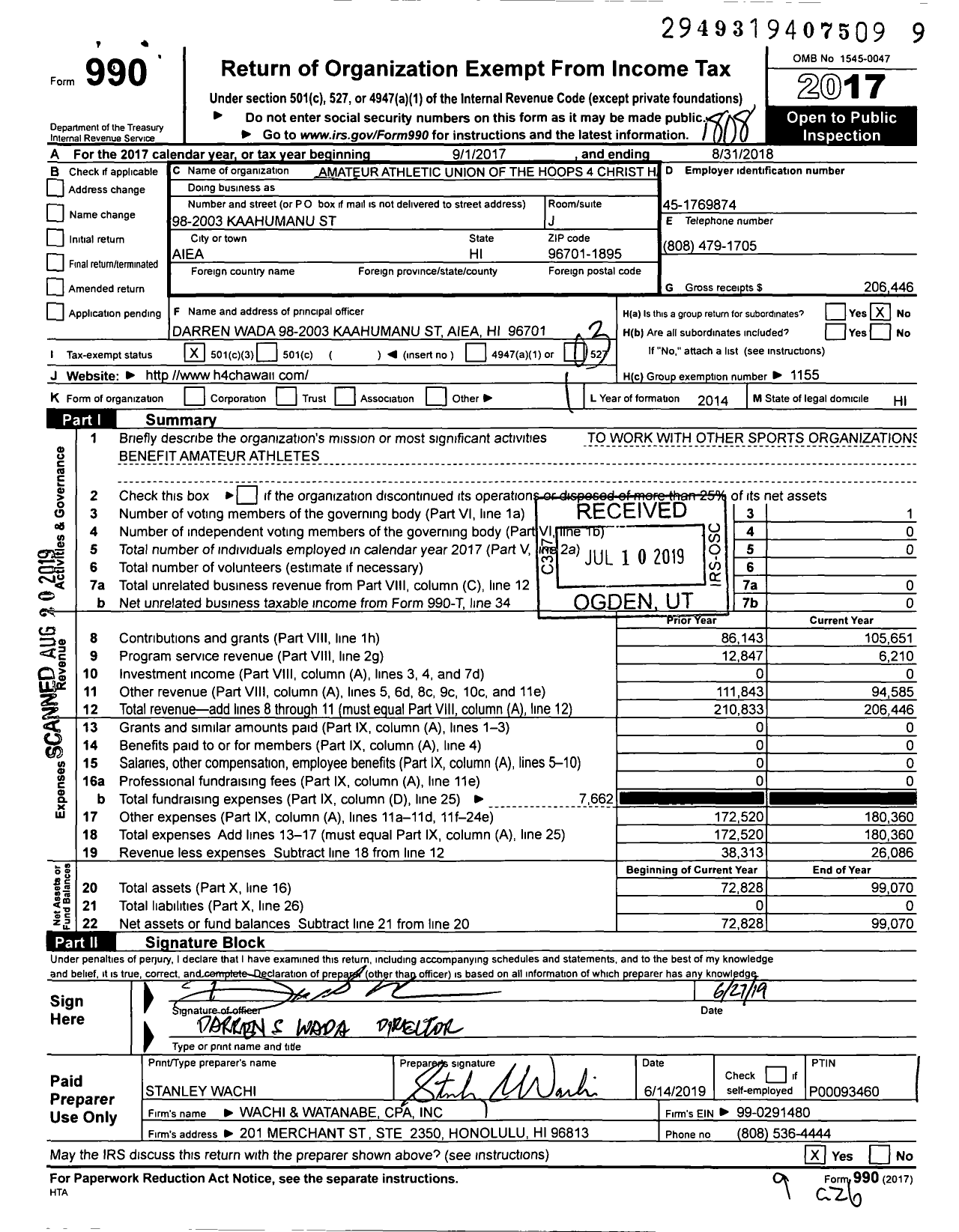 Image of first page of 2017 Form 990 for Amateur Athletic Union - Hoops 4 Christ Hawaii