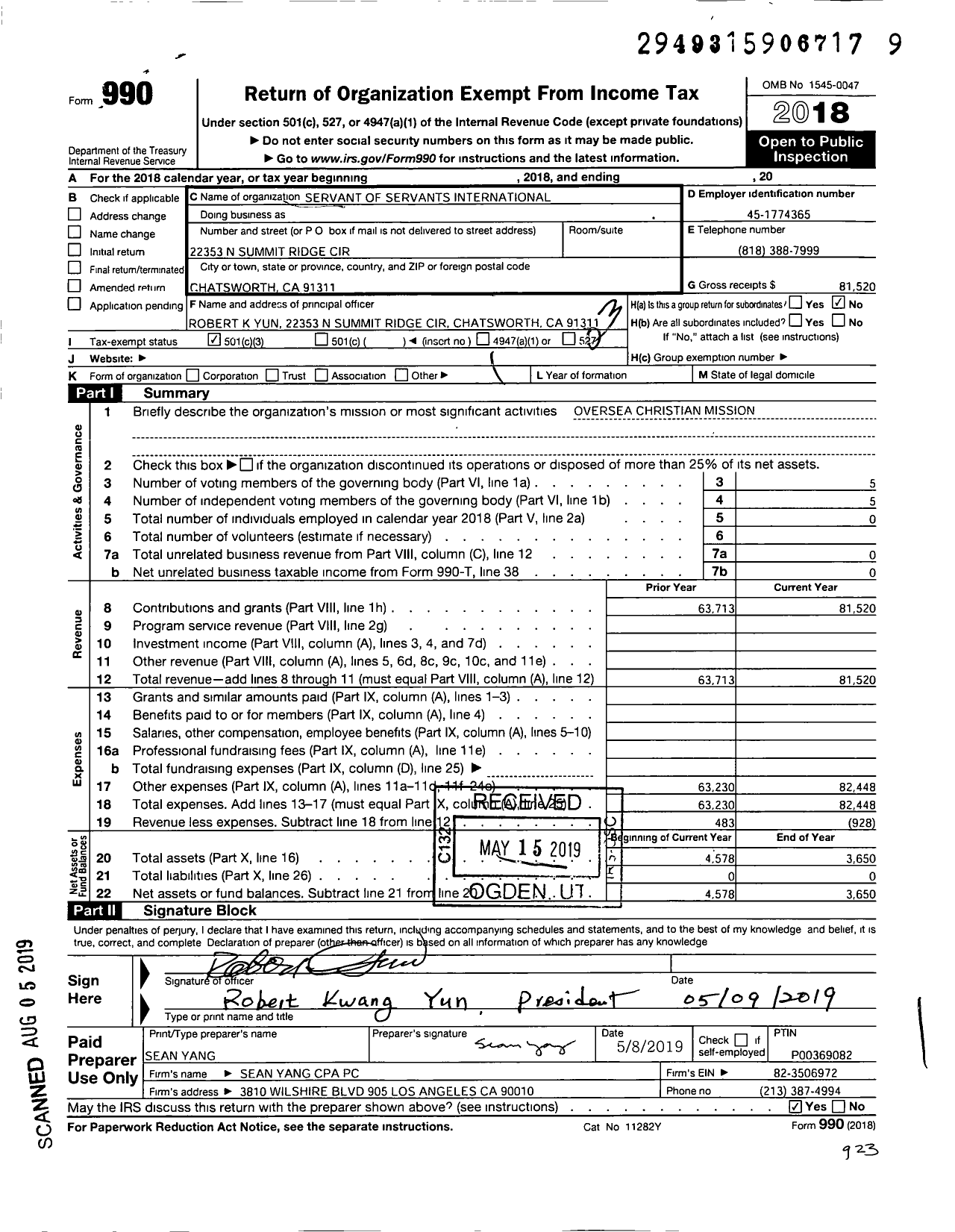 Image of first page of 2018 Form 990 for Servant of Servants International