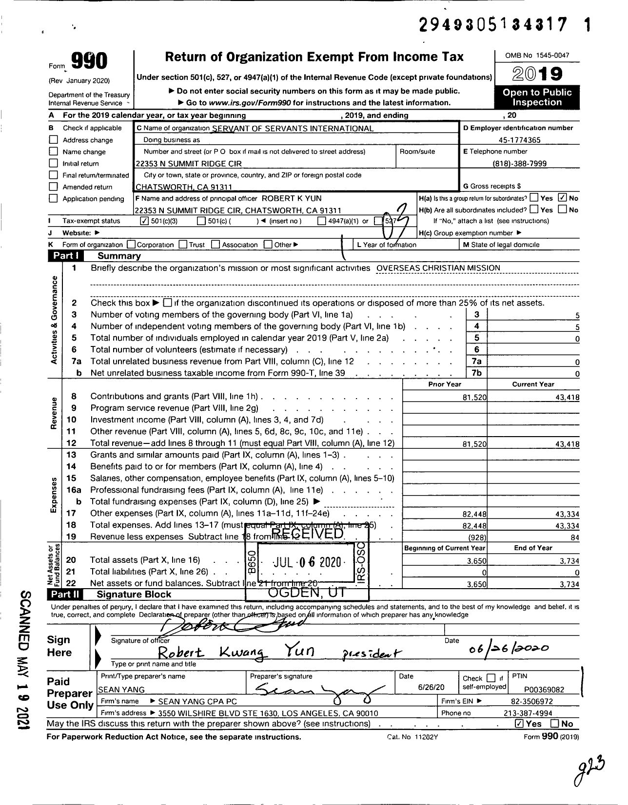 Image of first page of 2019 Form 990 for Servant of Servants International