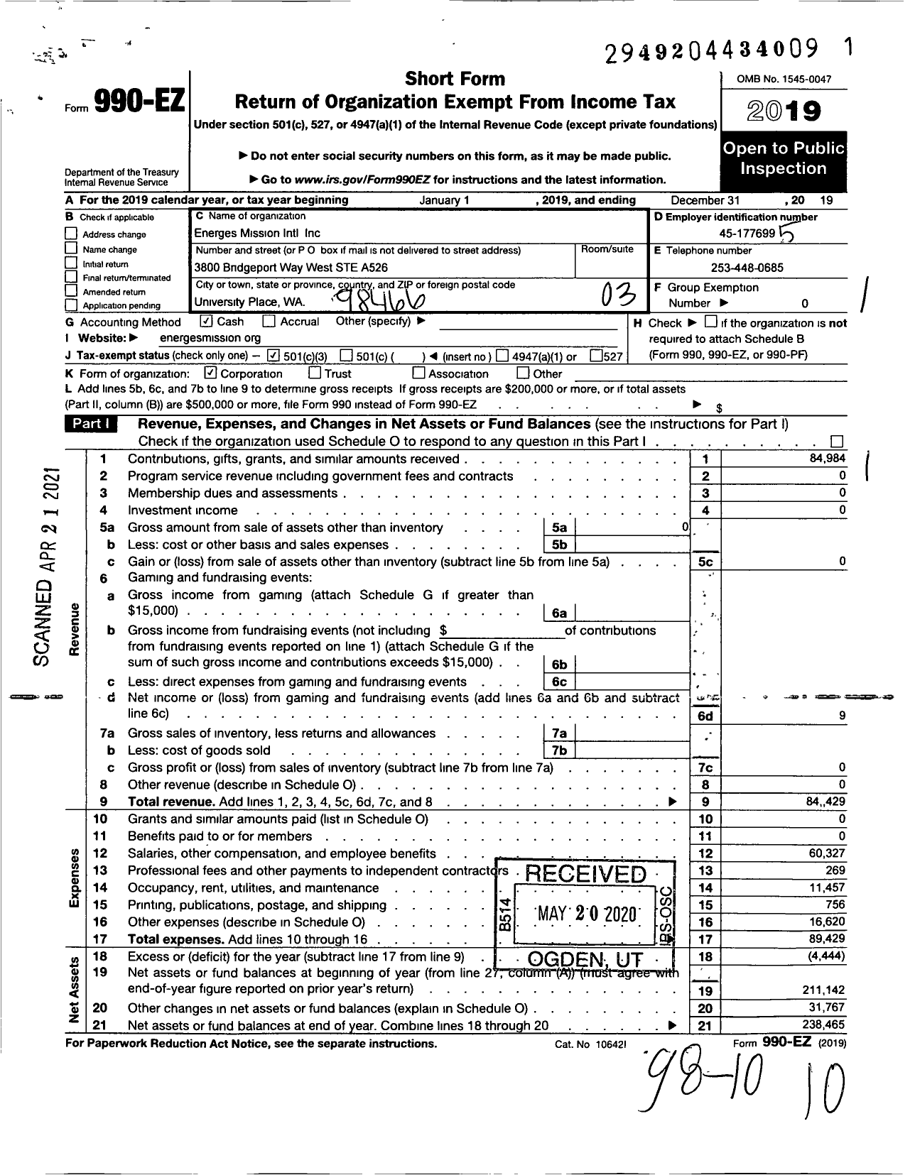 Image of first page of 2019 Form 990EZ for Energes Mission International