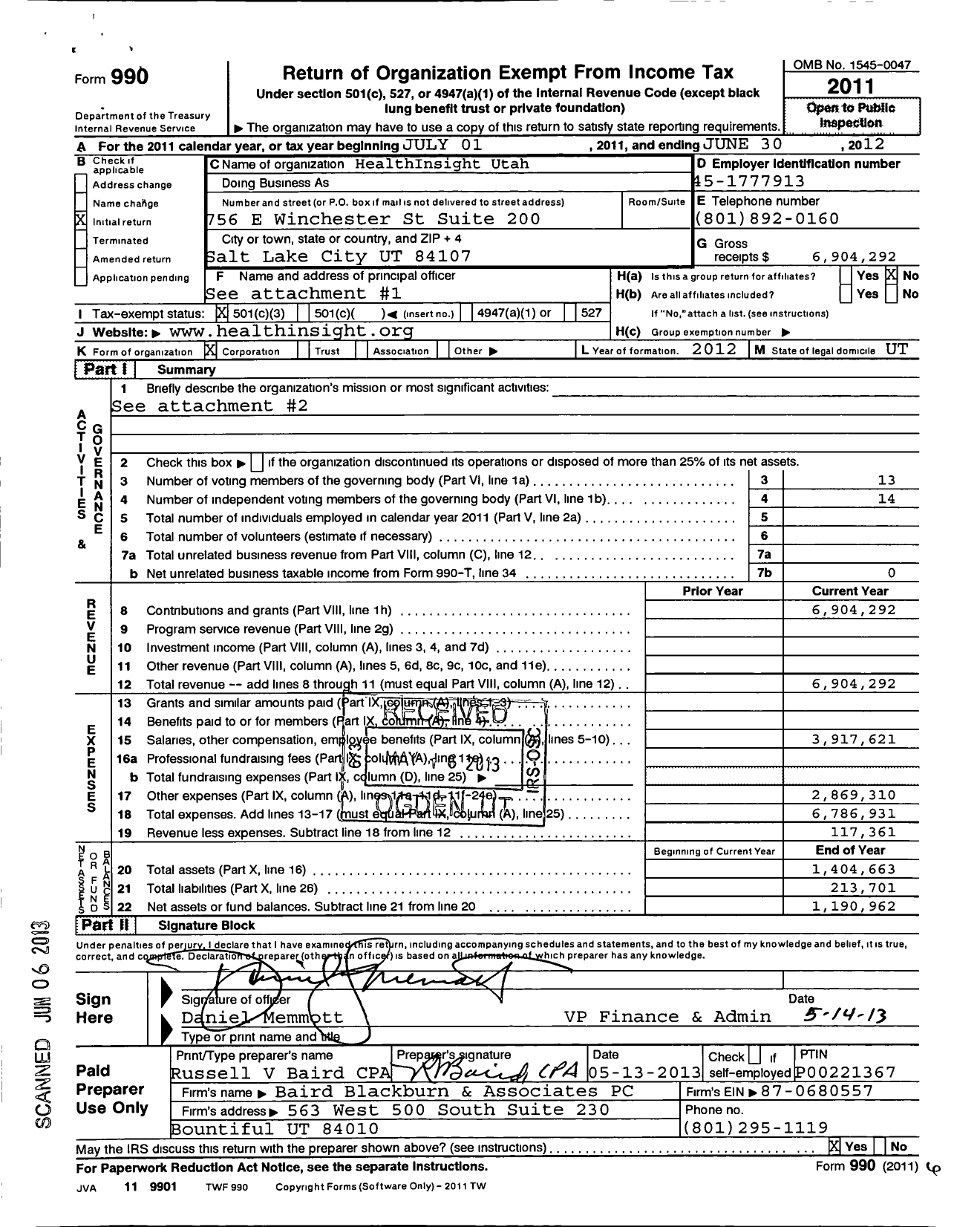 Image of first page of 2011 Form 990 for Healthinsight Utah