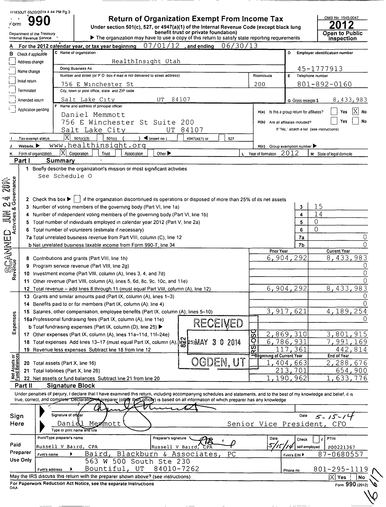 Image of first page of 2012 Form 990 for Healthinsight Utah