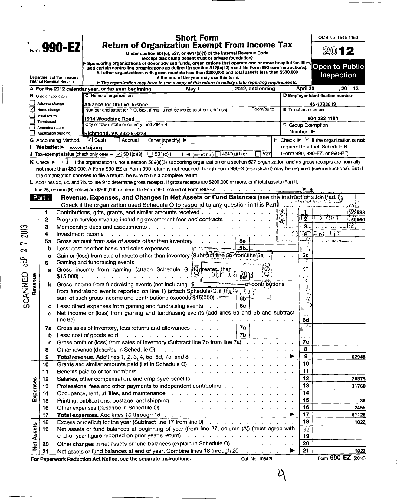 Image of first page of 2012 Form 990EZ for Alliance for Unitive Justice