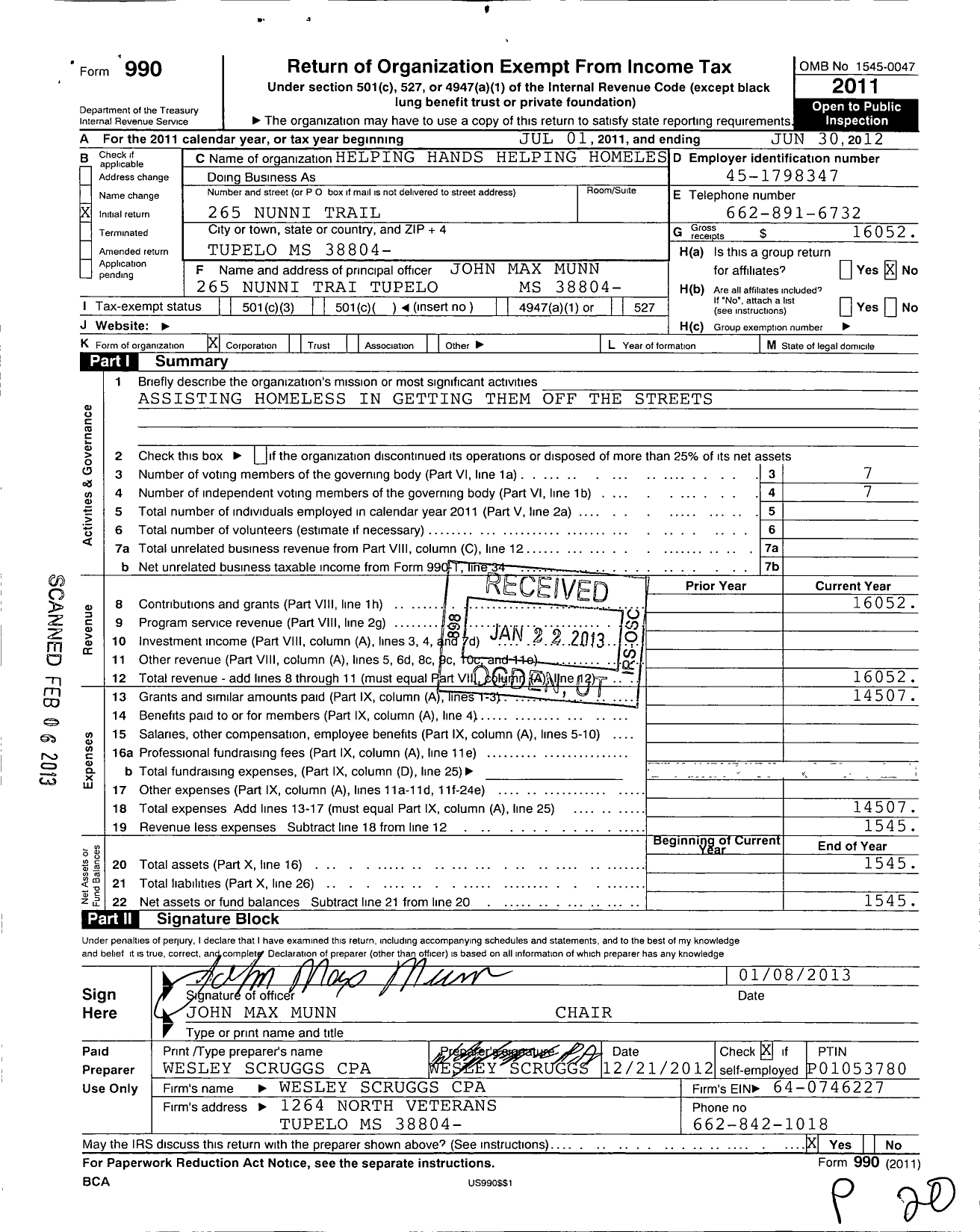Image of first page of 2011 Form 990O for Helping Hands Helping Homeless