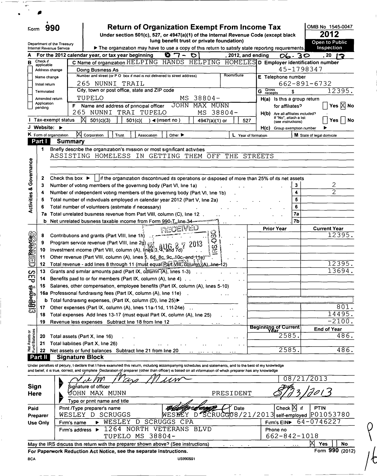 Image of first page of 2012 Form 990 for Helping Hands Helping Homeless