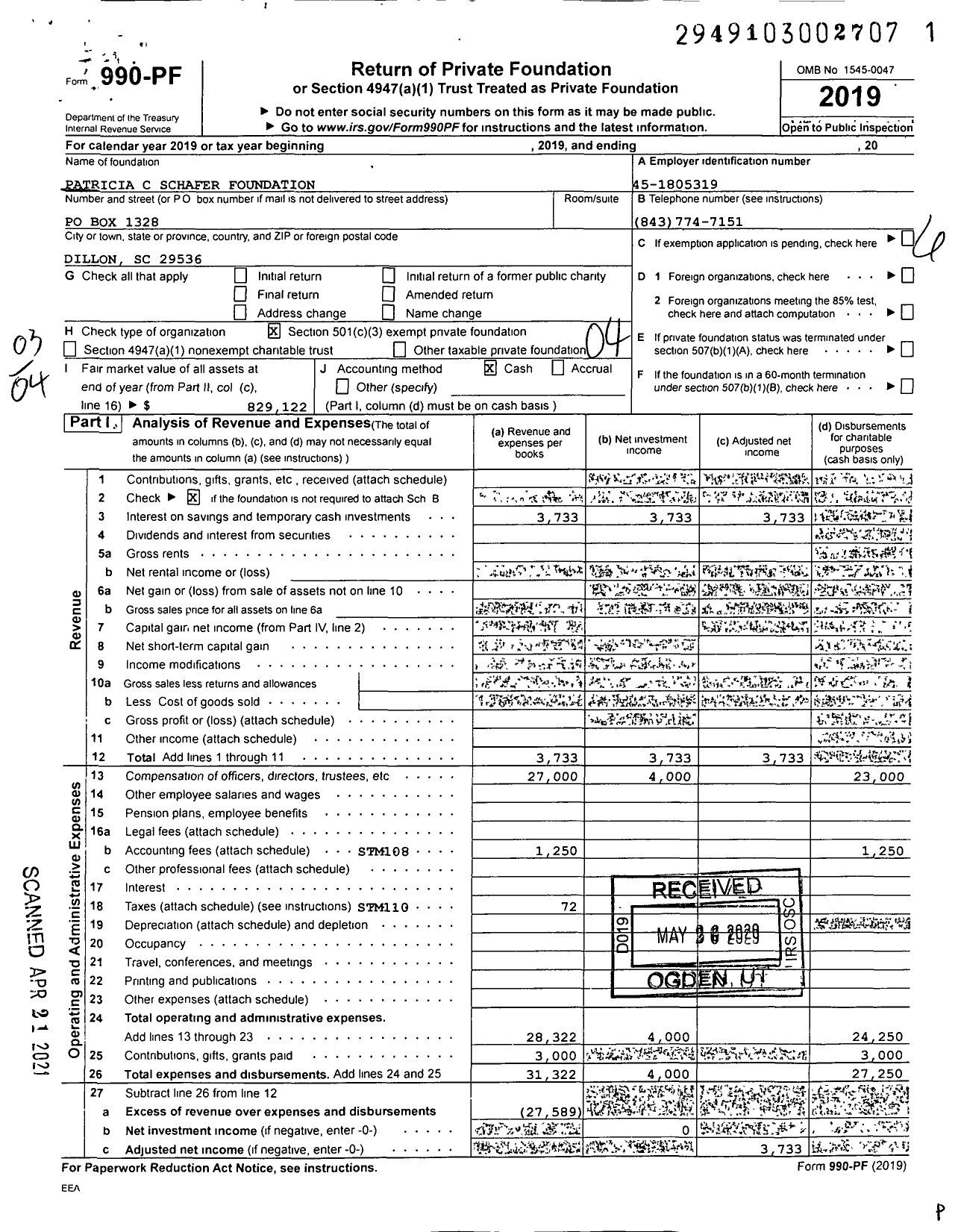 Image of first page of 2019 Form 990PF for Patricia C Schafer Foundation