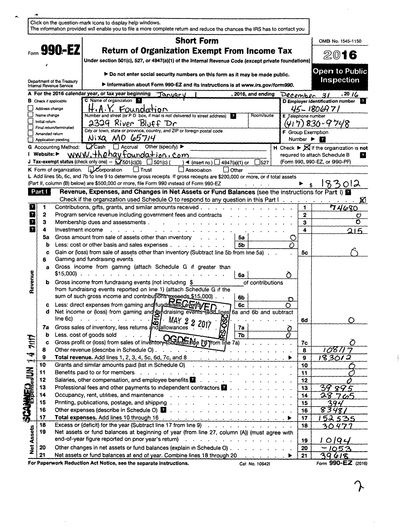 Image of first page of 2016 Form 990EZ for H A Y Foundation
