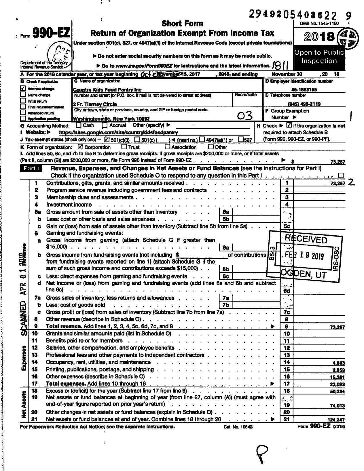 Image of first page of 2017 Form 990EZ for Country Kids Food Pantry