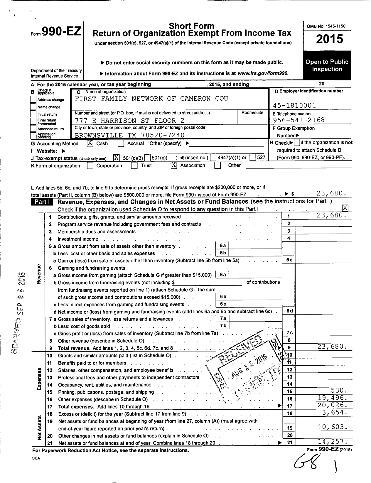 Image of first page of 2015 Form 990EZ for First Family Network of Cameron County