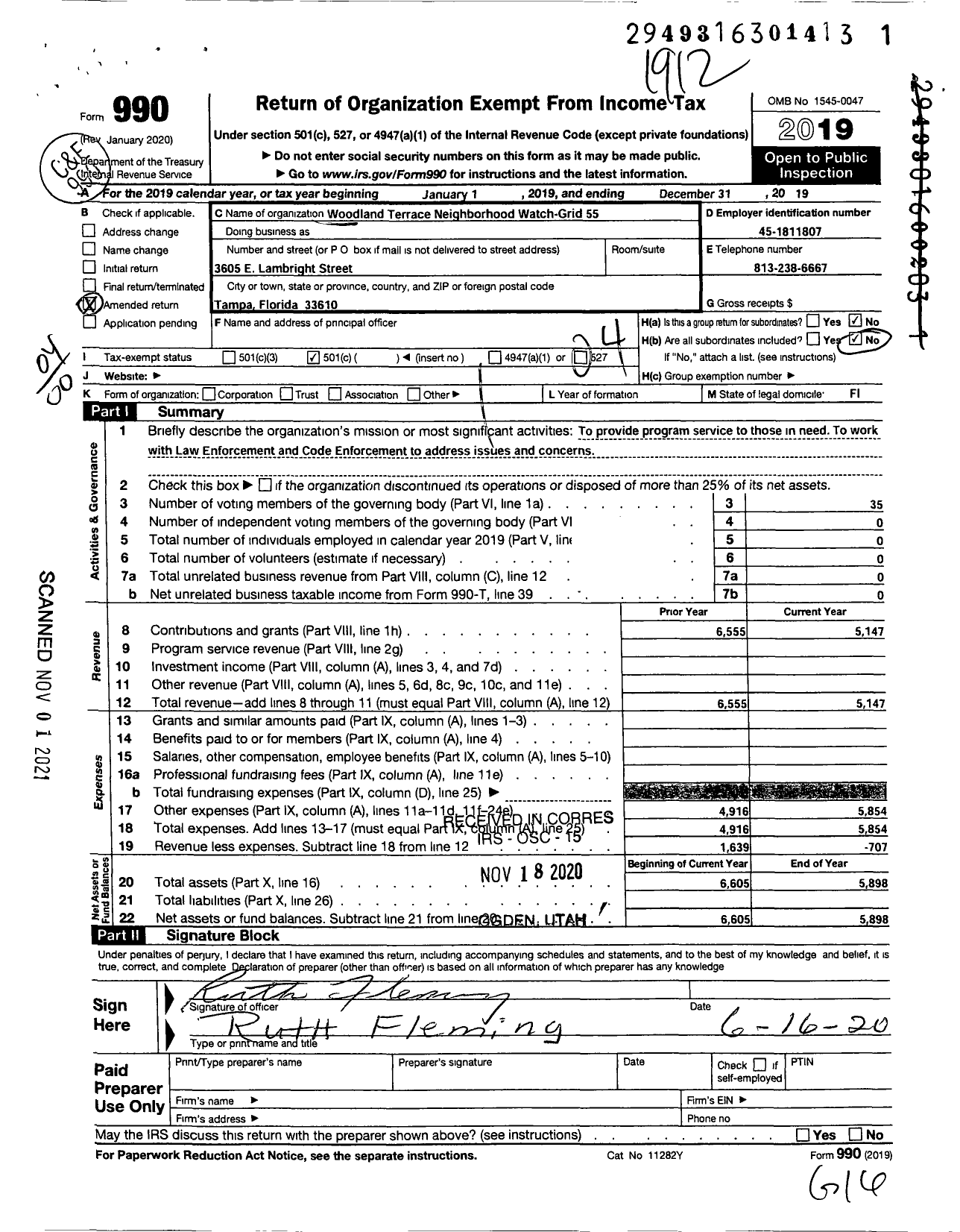 Image of first page of 2019 Form 990O for Woodland Terrace Neighborhood Watch-Grid 055