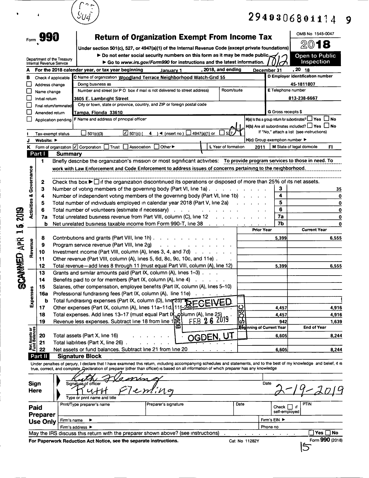 Image of first page of 2018 Form 990O for Woodland Terrace Neighborhood Watch-Grid 055