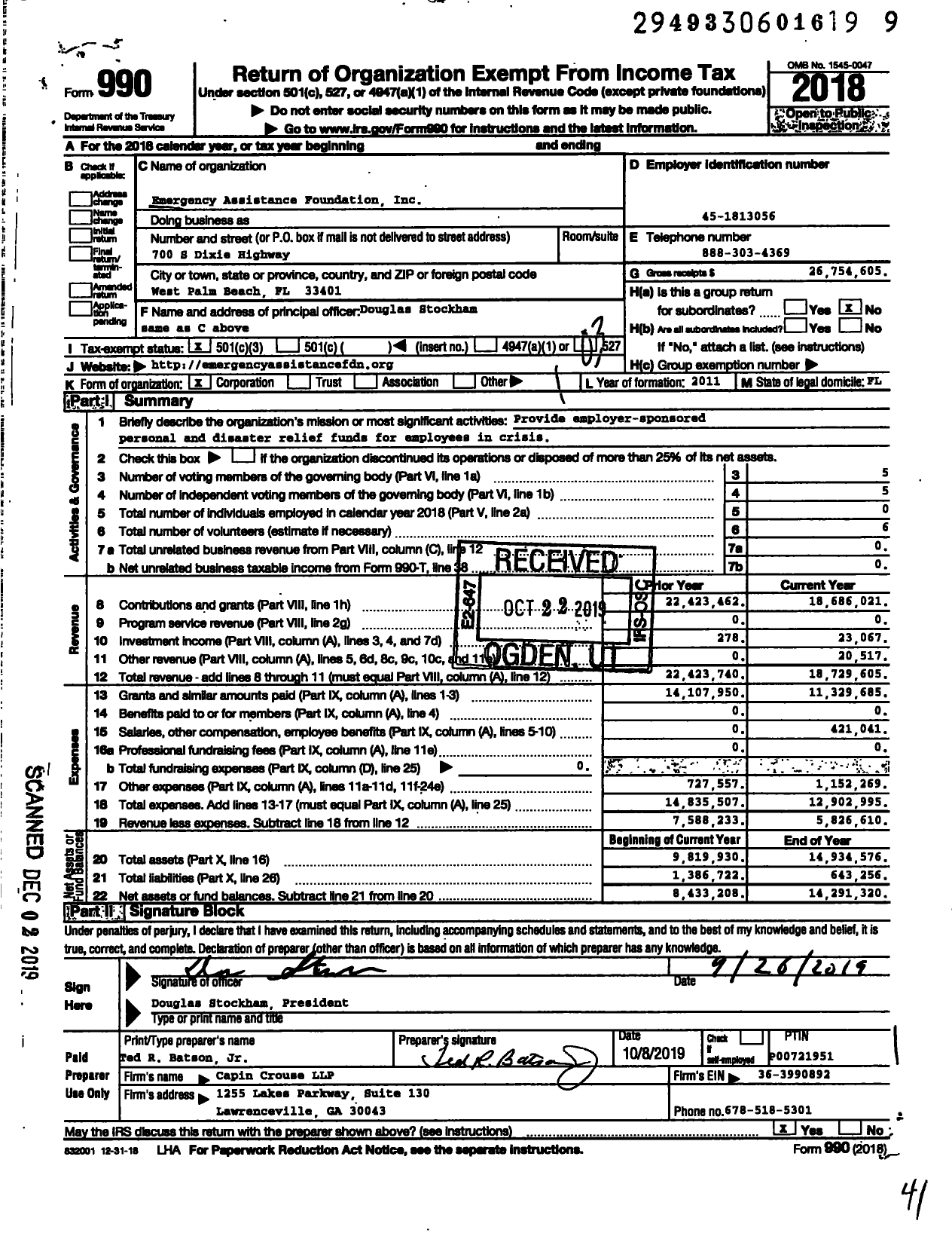 Image of first page of 2018 Form 990 for Emergency Assistance Foundation