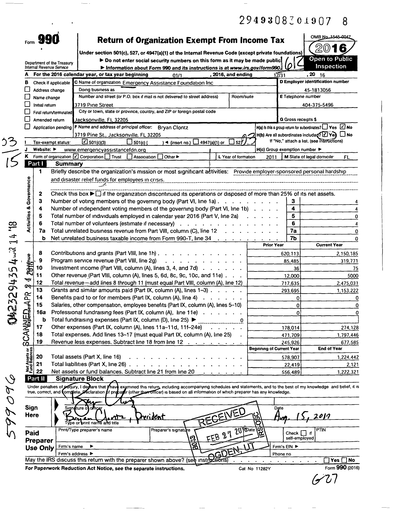 Image of first page of 2016 Form 990 for Emergency Assistance Foundation