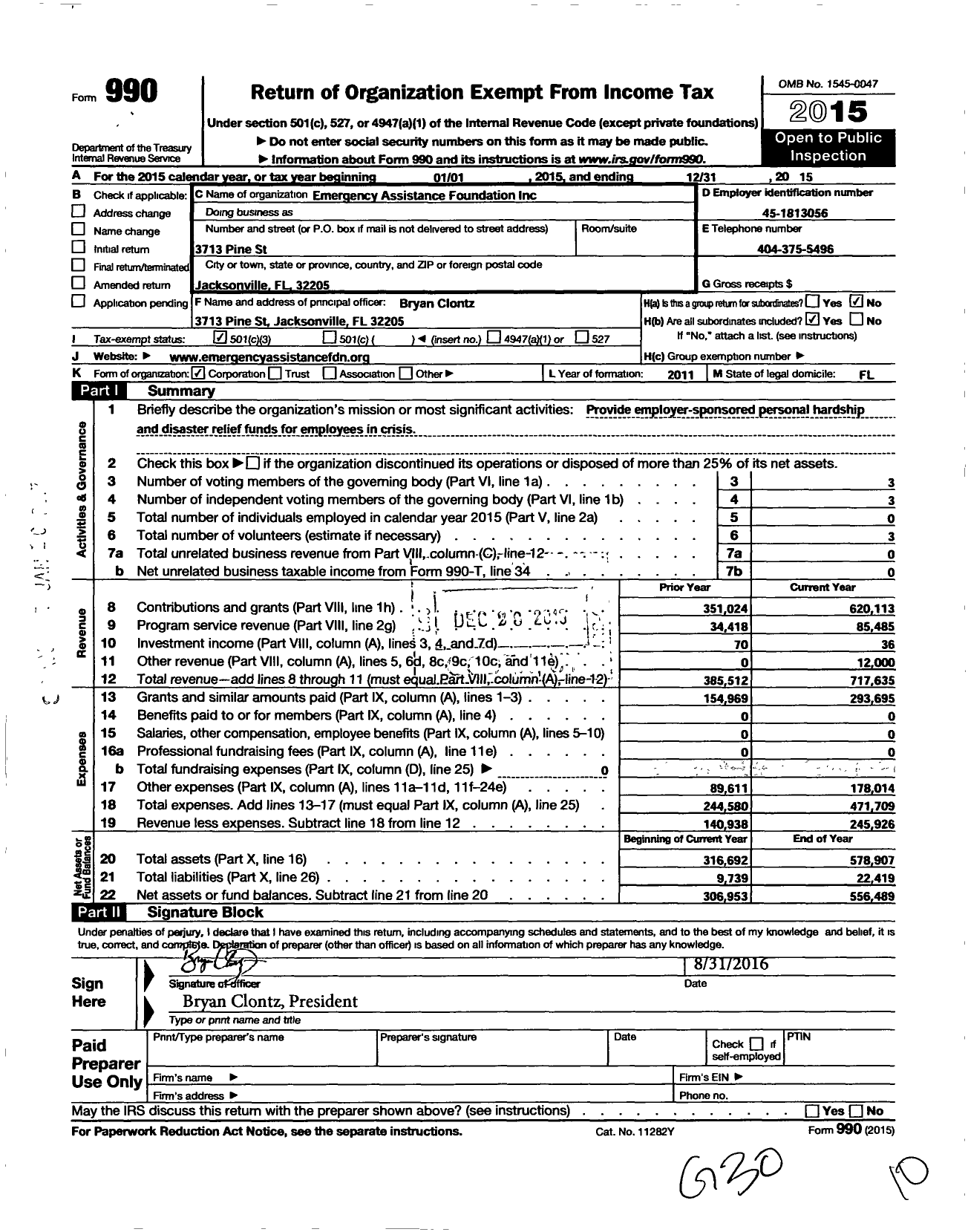 Image of first page of 2015 Form 990 for Emergency Assistance Foundation