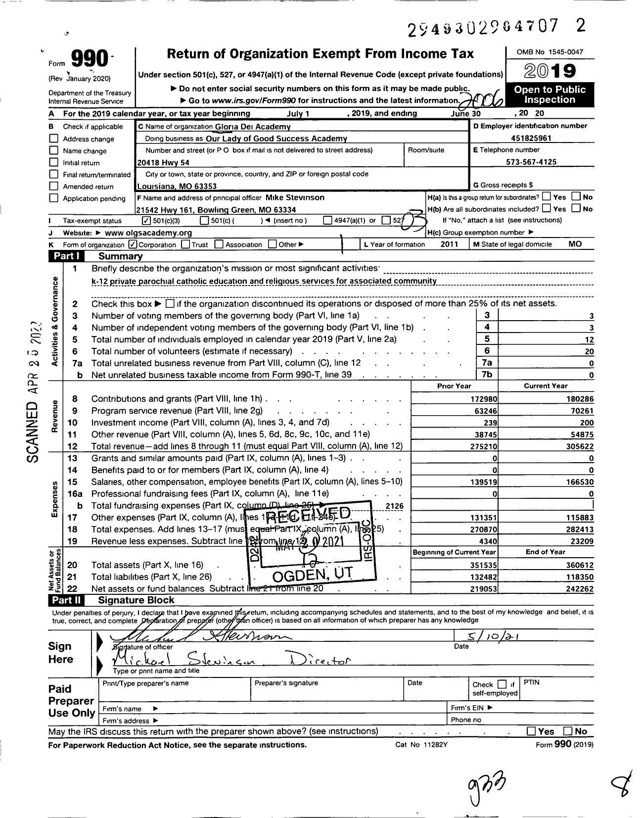 Image of first page of 2019 Form 990 for Our Lady of Good Success Academy / Gloria Dei Academy