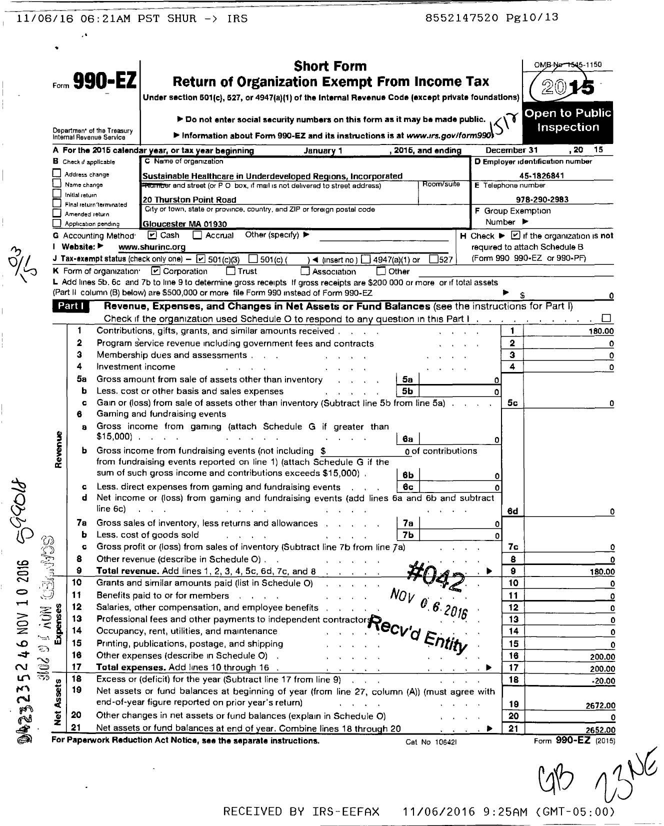 Image of first page of 2015 Form 990EZ for Sustainable Healthcare in Underdeveloped Regions Incorporated