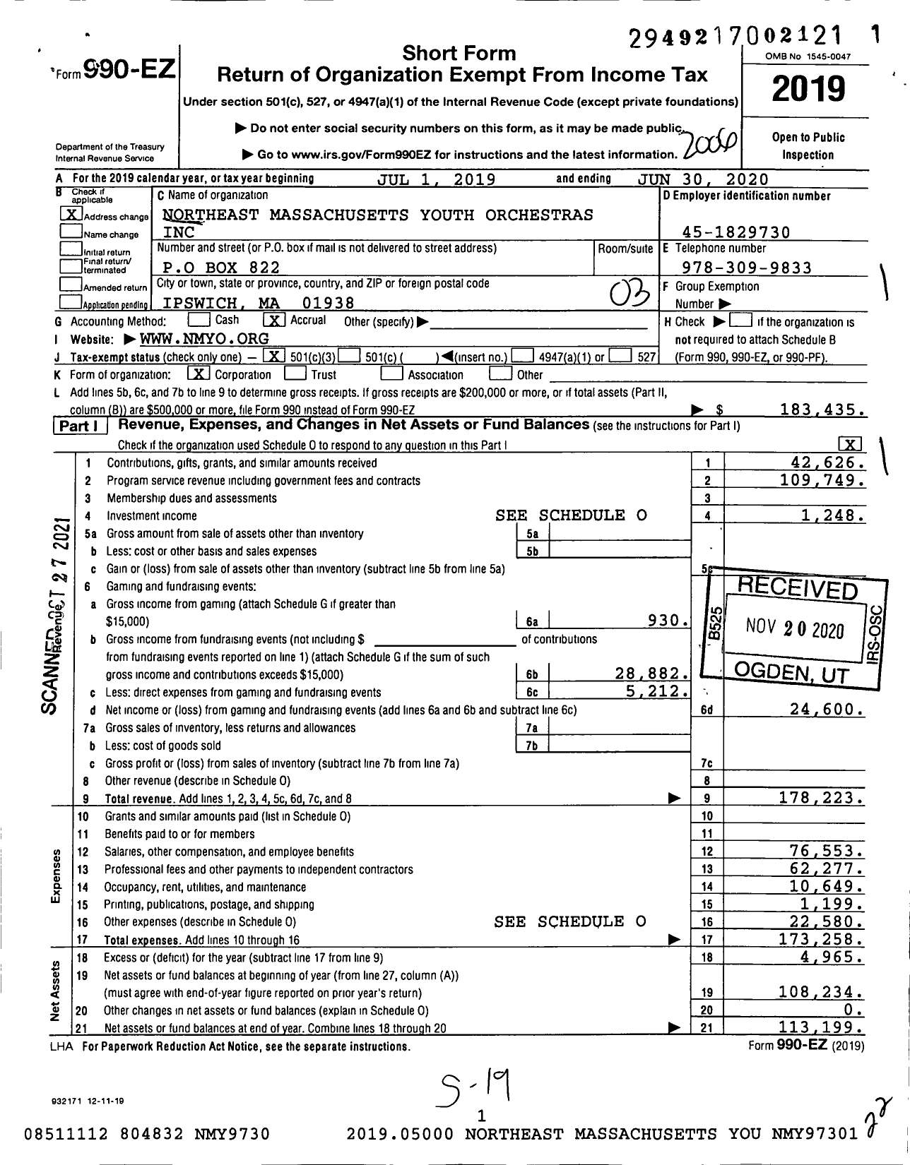 Image of first page of 2019 Form 990EZ for Northeast Massachusetts Youth Orchestras (NMYO)