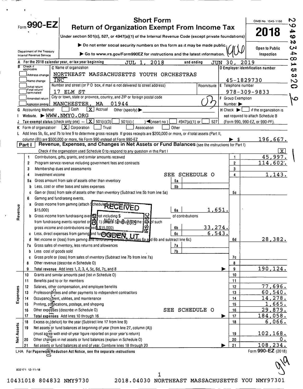 Image of first page of 2018 Form 990EZ for Northeast Massachusetts Youth Orchestras (NMYO)