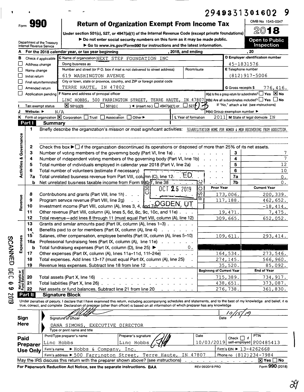 Image of first page of 2018 Form 990 for Next Step Foundation