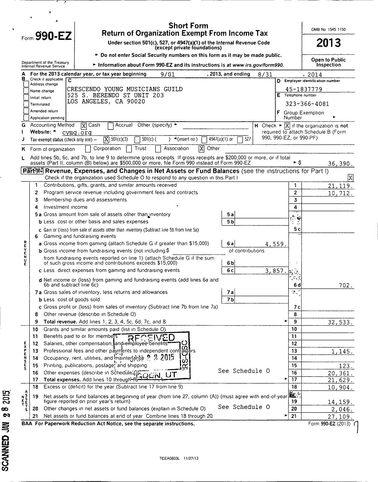 Image of first page of 2013 Form 990EZ for Crescendo Young Musicians Guild