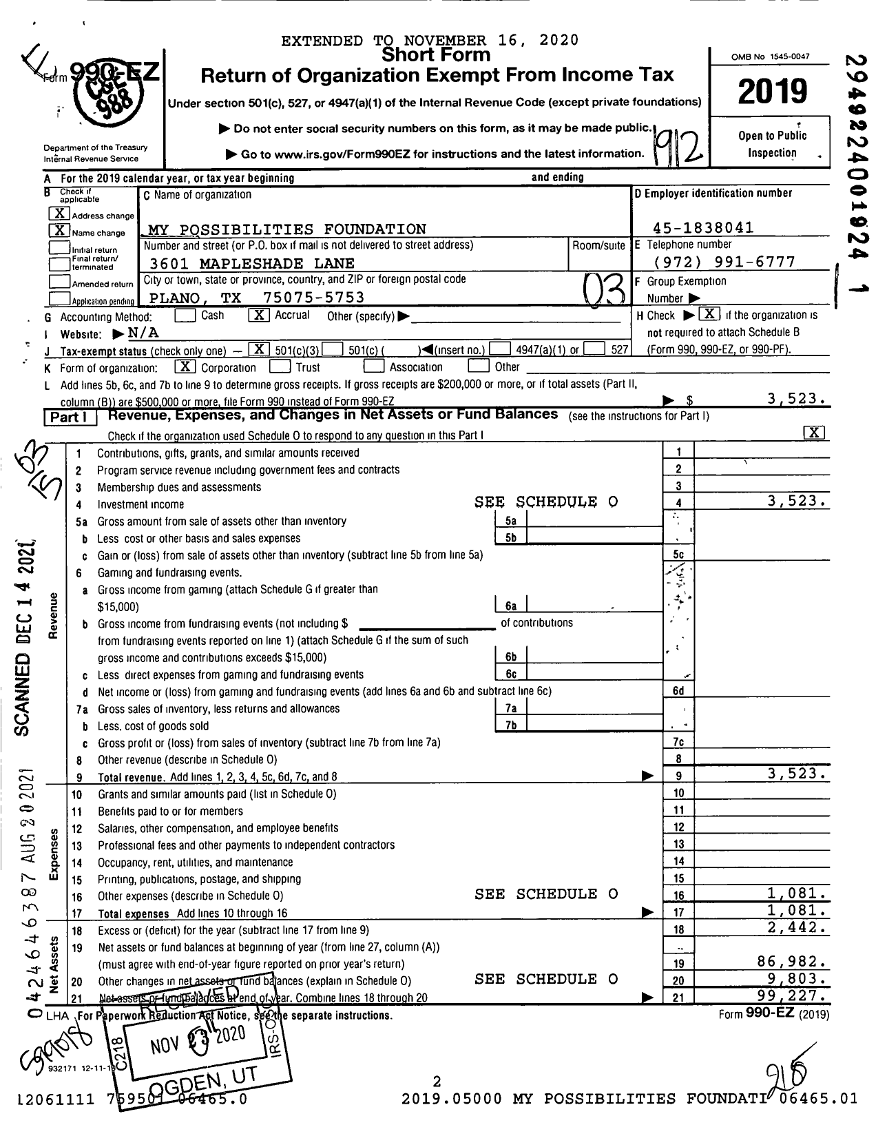 Image of first page of 2019 Form 990EZ for My Possibilities Foundation