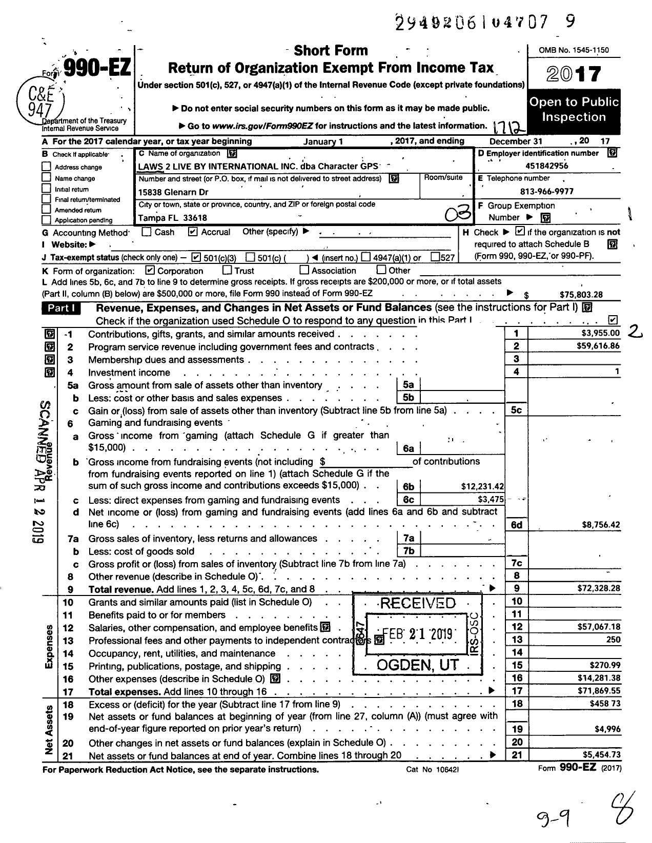 Image of first page of 2017 Form 990EZ for Character GPS